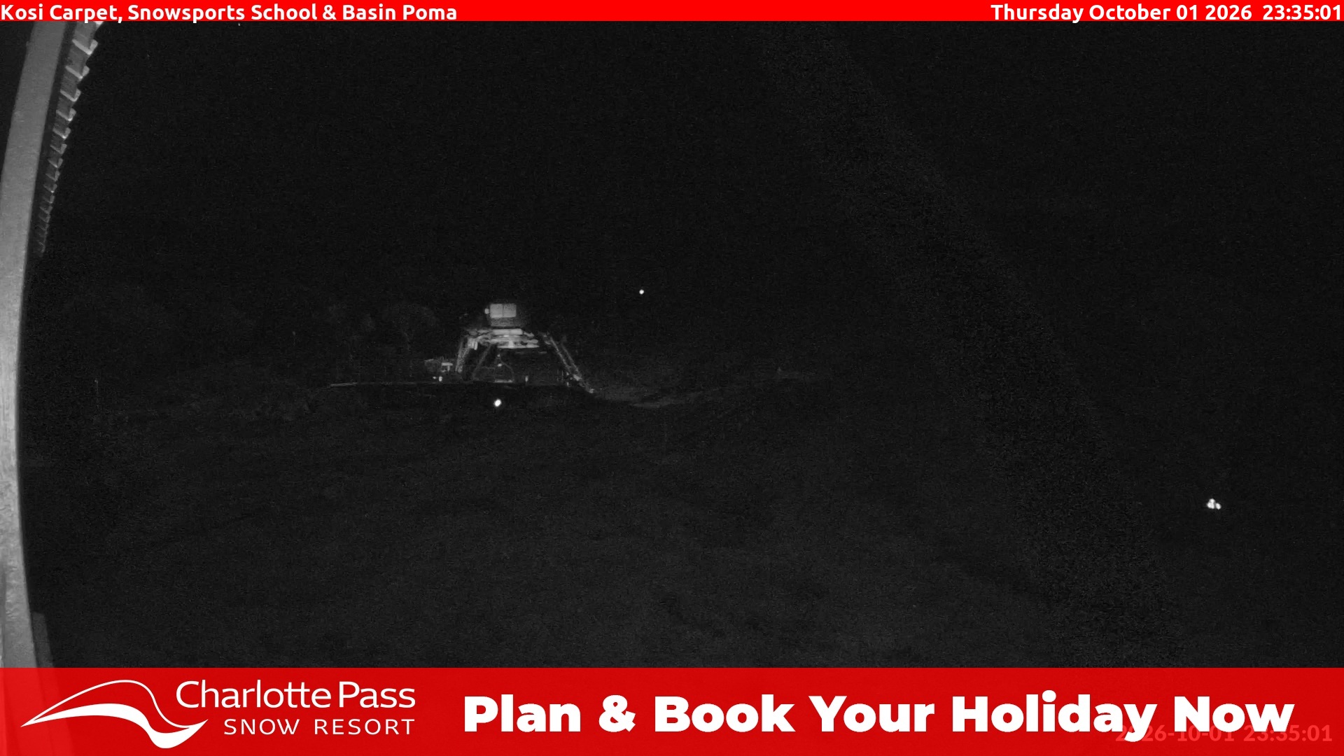 Charlotte Pass Kosi Carpet, Snowsports School and Basin Poma snow cam captured at 1 October 2026 at 11:40 pm AEST