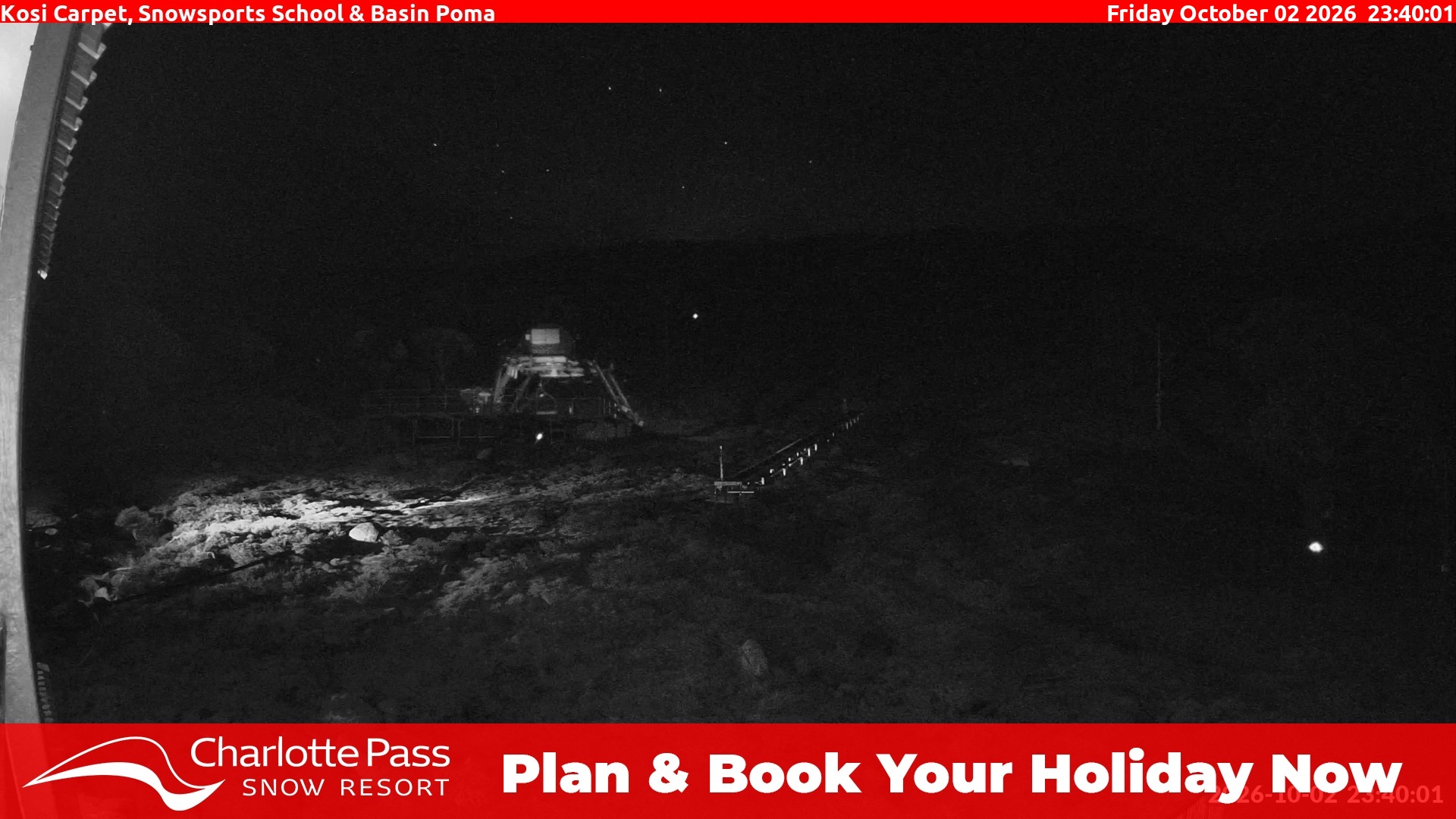 Charlotte Pass Kosi Carpet, Snowsports School and Basin Poma snow cam captured at 2 October 2026 at 11:40 pm AEST