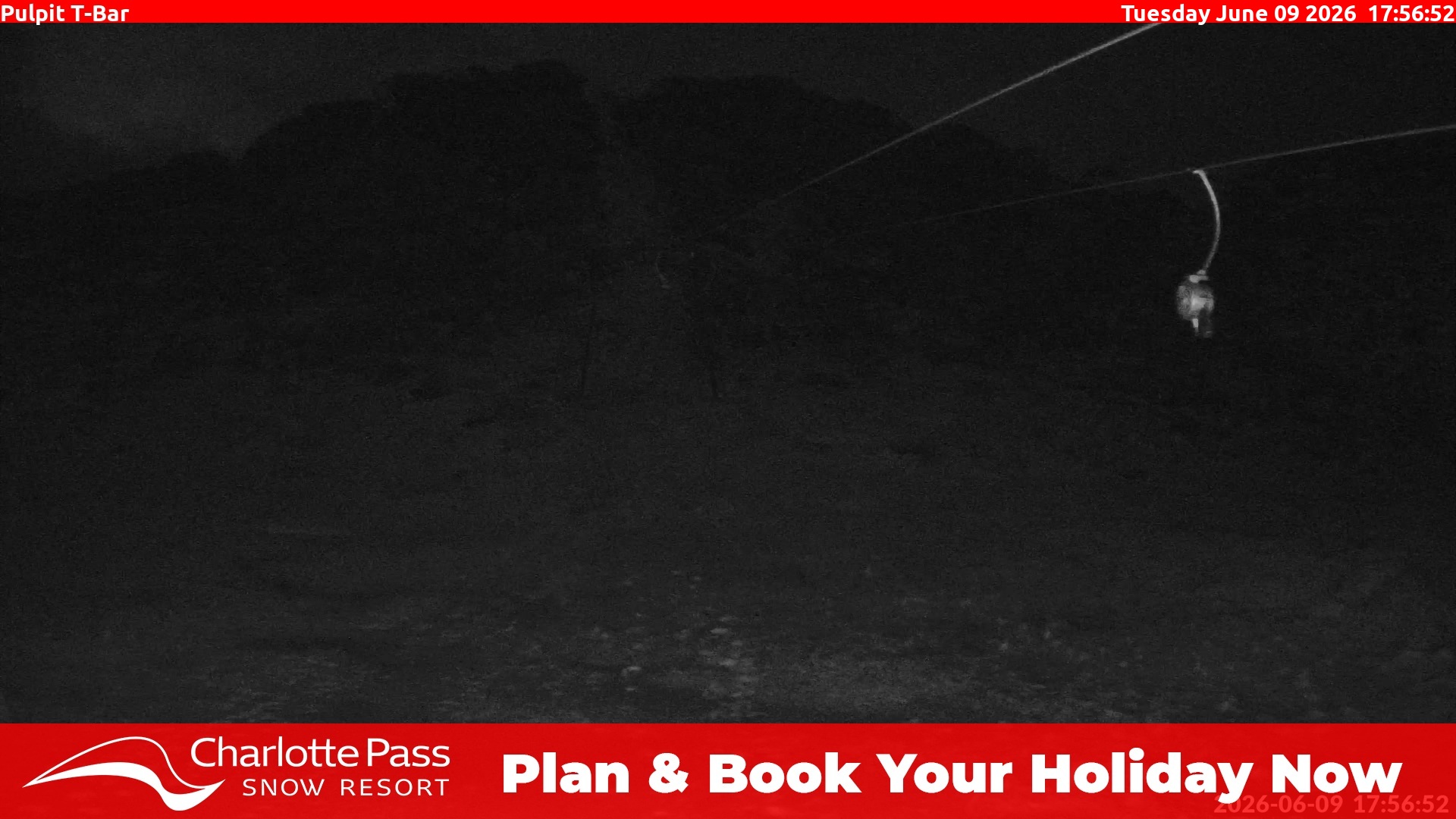 Charlotte Pass Pulpit T-Bar snow cam captured at 9 June 2026 at 6:04 pm AEST