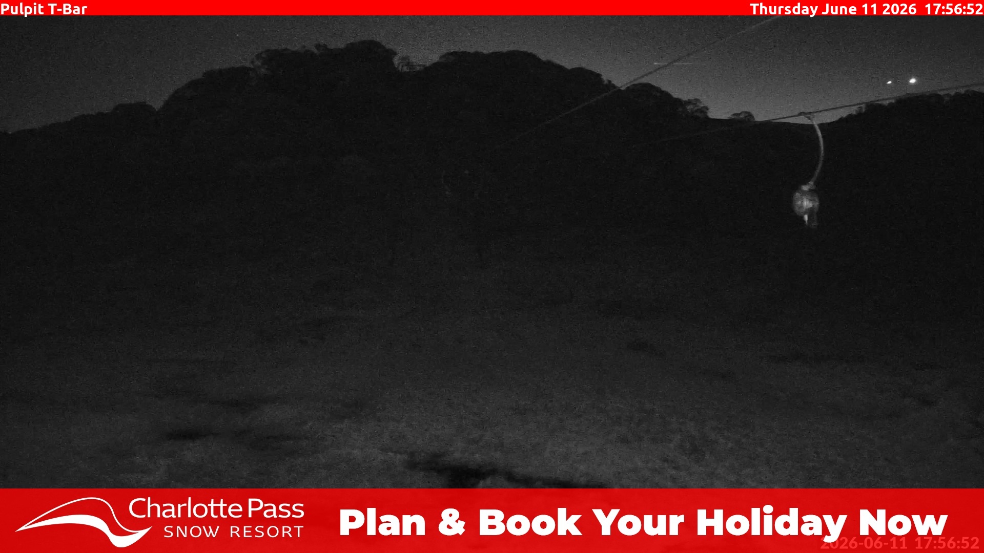 Charlotte Pass Pulpit T-Bar snow cam captured at 11 June 2026 at 5:58 pm AEST