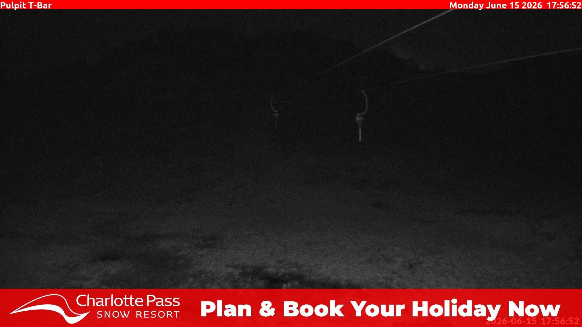 Charlotte Pass Pulpit T-Bar snow cam captured at 15 June 2026 at 5:59 pm AEST