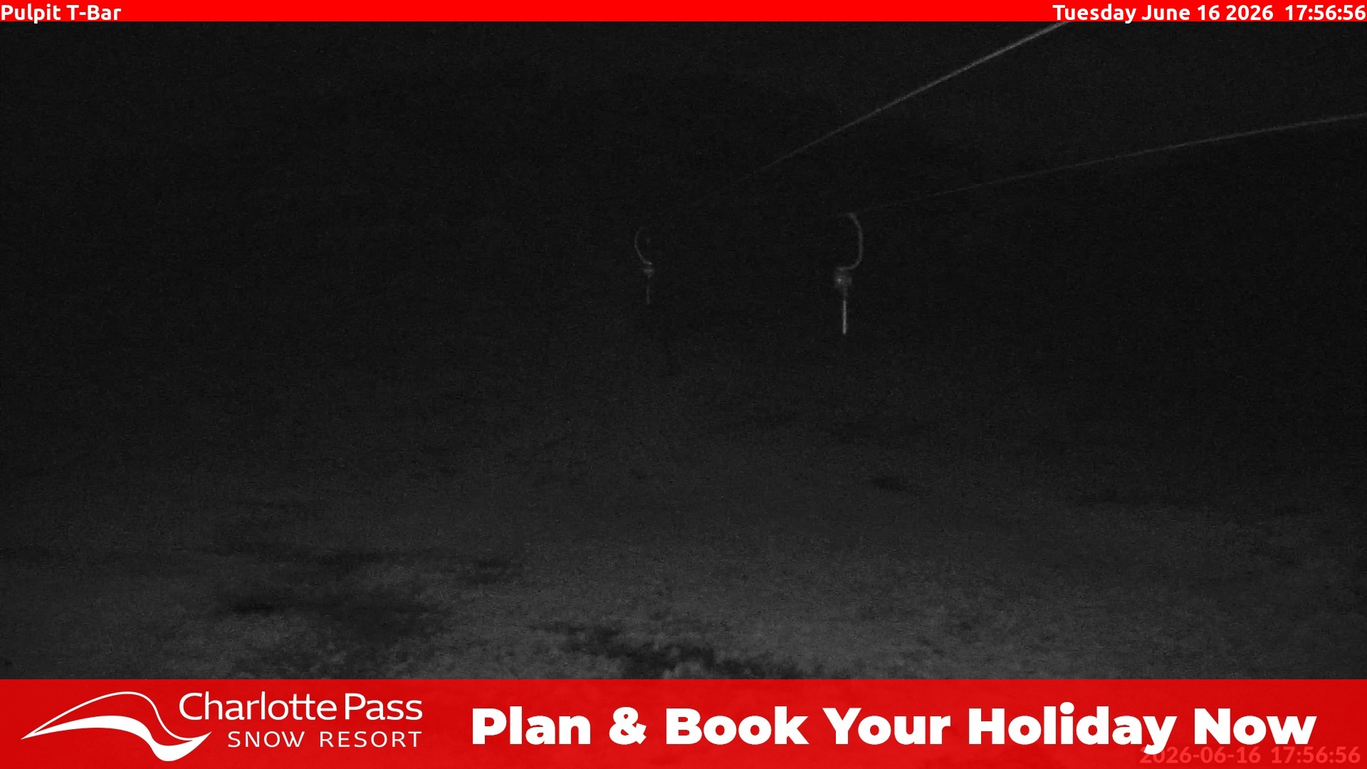 Charlotte Pass Pulpit T-Bar snow cam captured at 16 June 2026 at 6:00 pm AEST