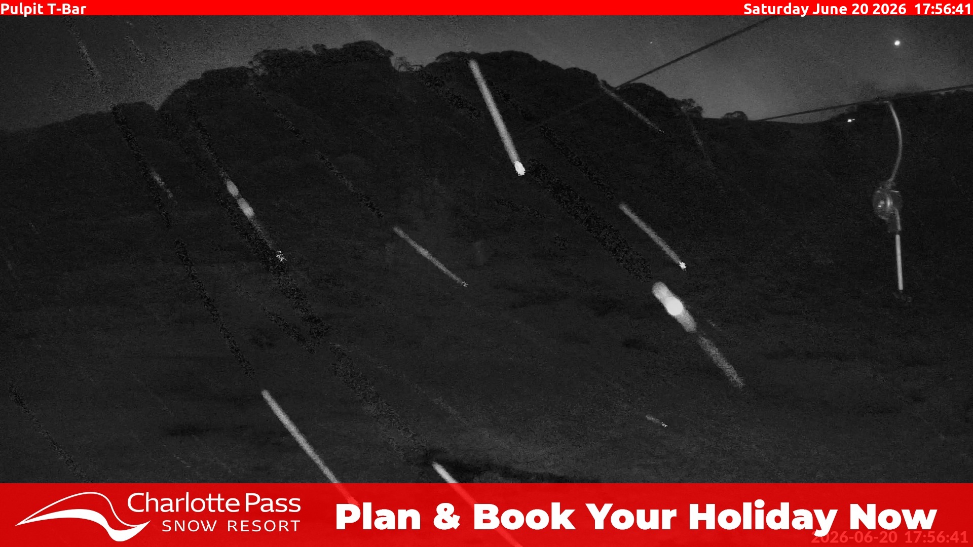 Charlotte Pass Pulpit T-Bar snow cam captured at 20 June 2026 at 5:57 pm AEST
