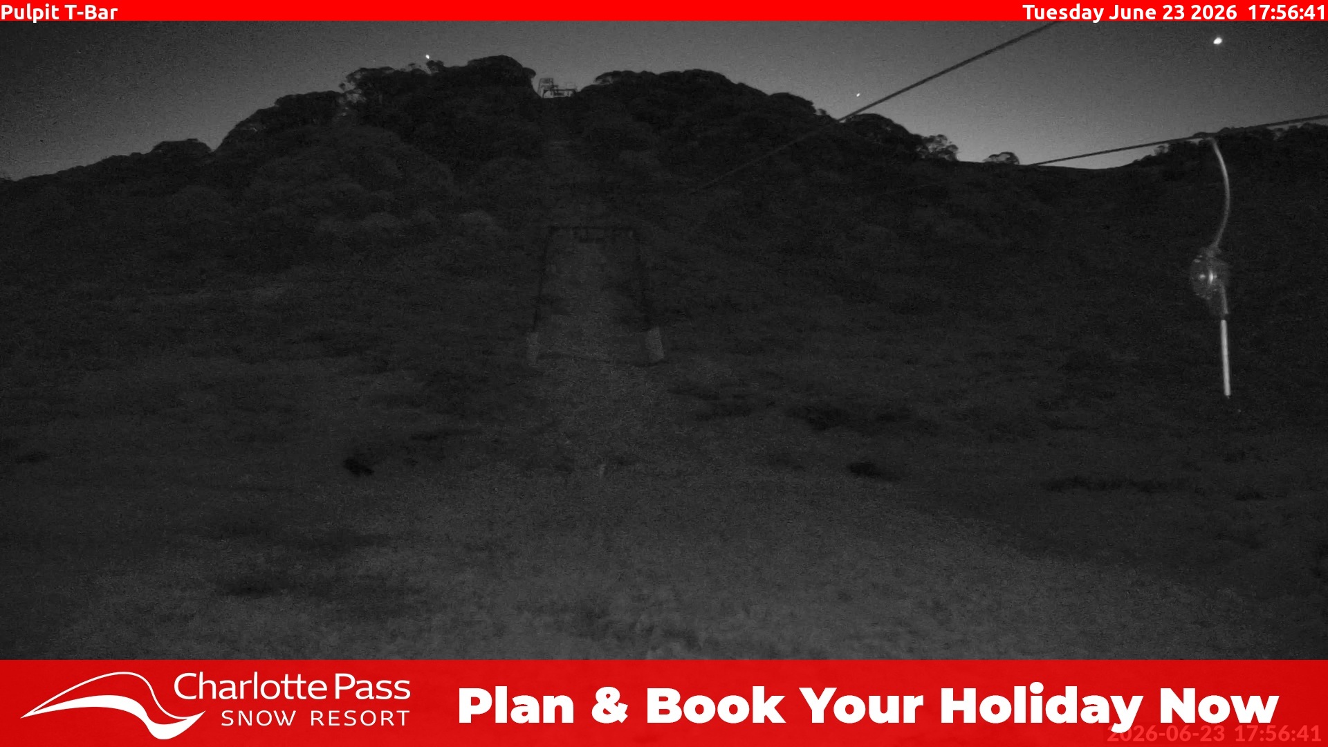 Charlotte Pass Pulpit T-Bar snow cam captured at 23 June 2026 at 5:58 pm AEST