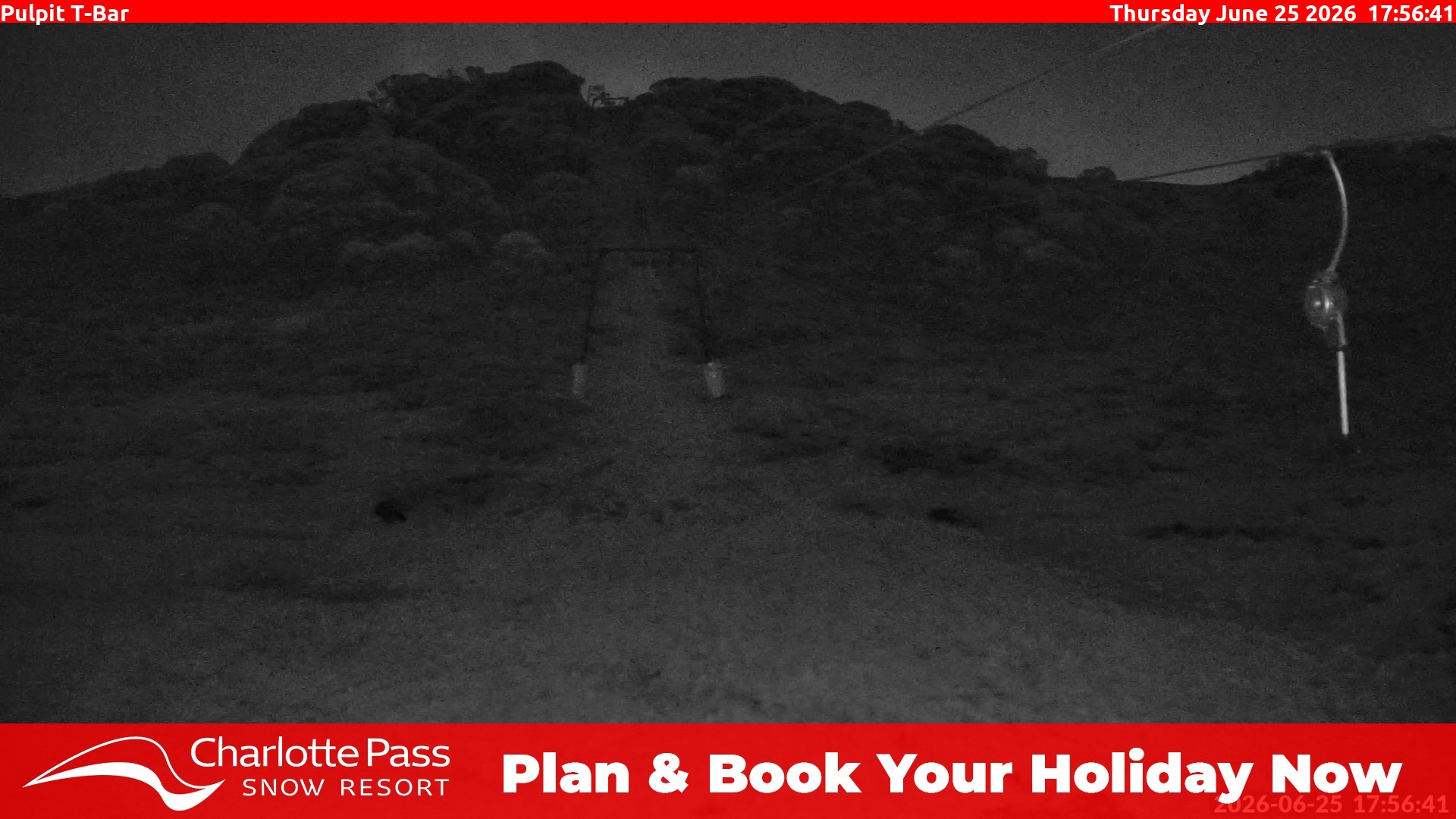 Charlotte Pass Pulpit T-Bar snow cam captured at 25 June 2026 at 5:57 pm AEST
