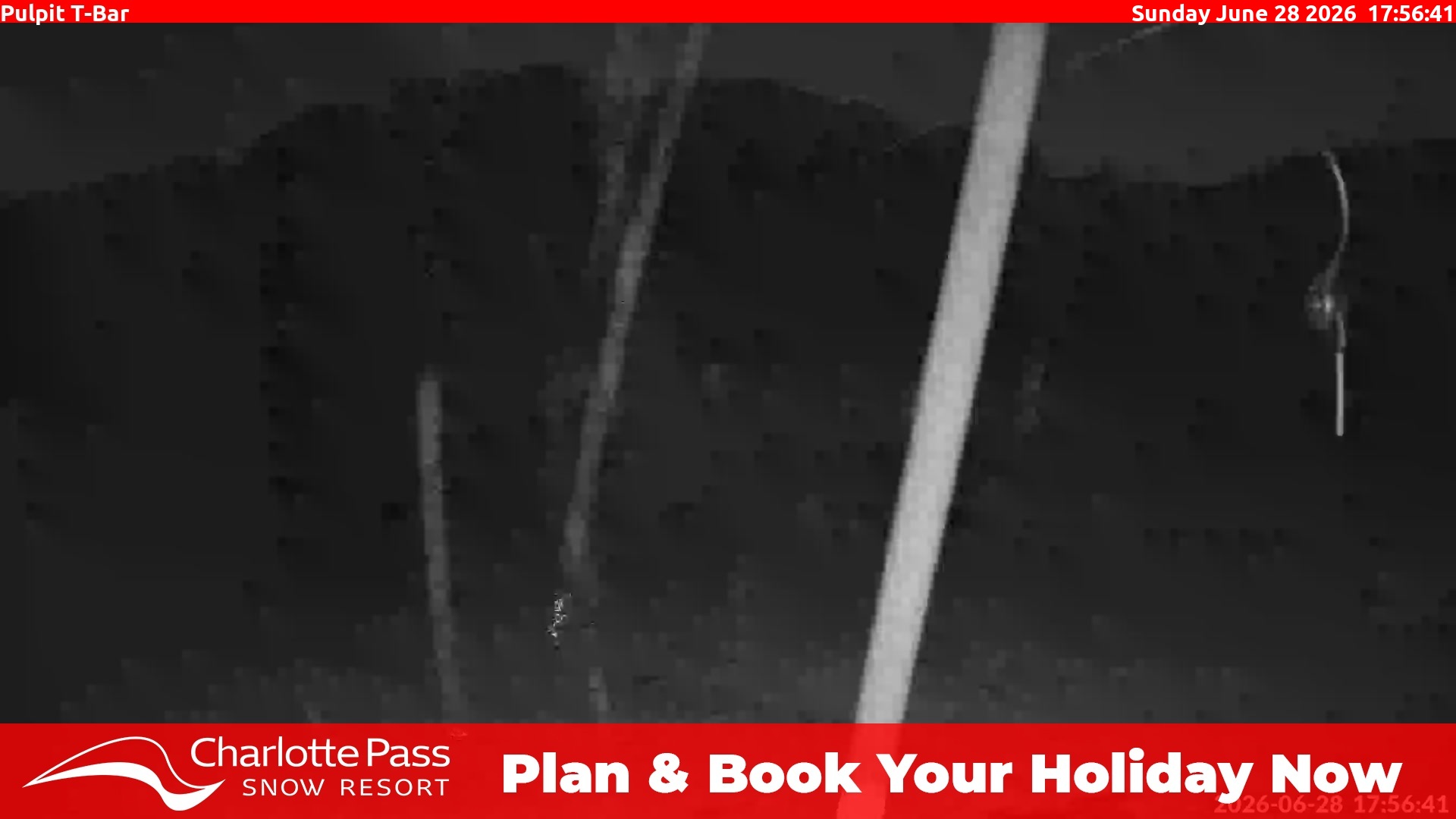 Charlotte Pass Pulpit T-Bar snow cam captured at 28 June 2026 at 5:57 pm AEST