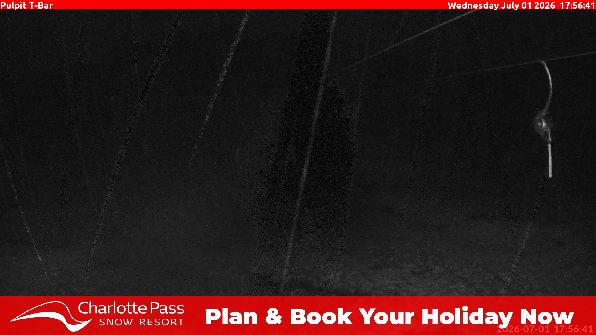Charlotte Pass Pulpit T-Bar snow cam captured at 1 July 2026 at 5:58 pm AEST