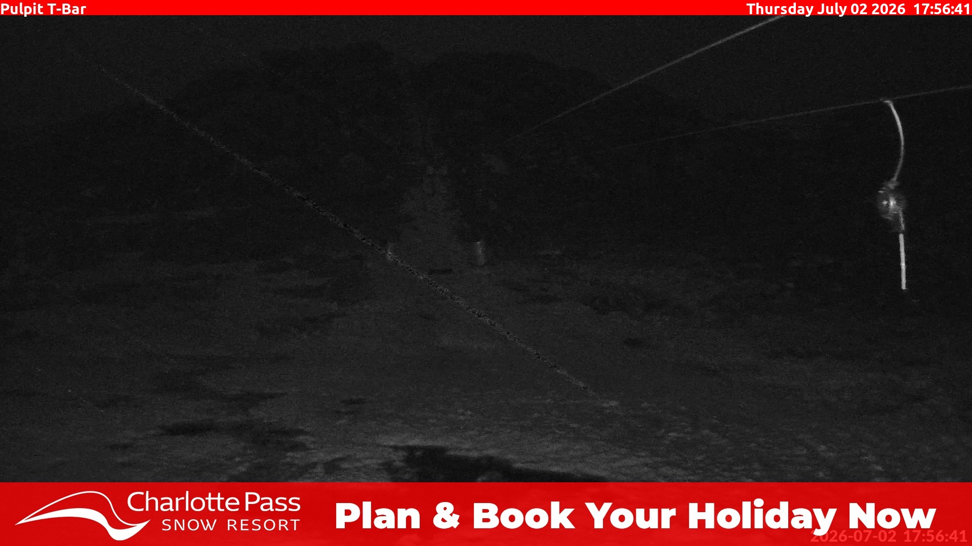 Charlotte Pass Pulpit T-Bar snow cam captured at 2 July 2026 at 6:02 pm AEST