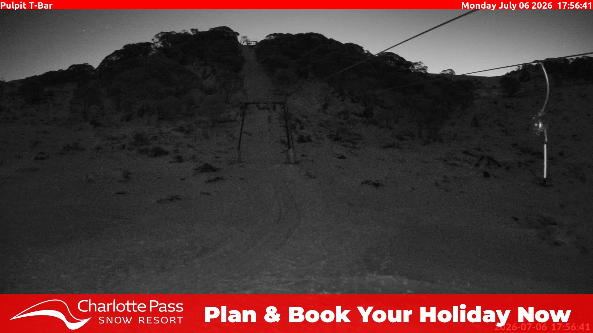 Charlotte Pass Pulpit T-Bar snow cam captured at 6 July 2026 at 6:03 pm AEST