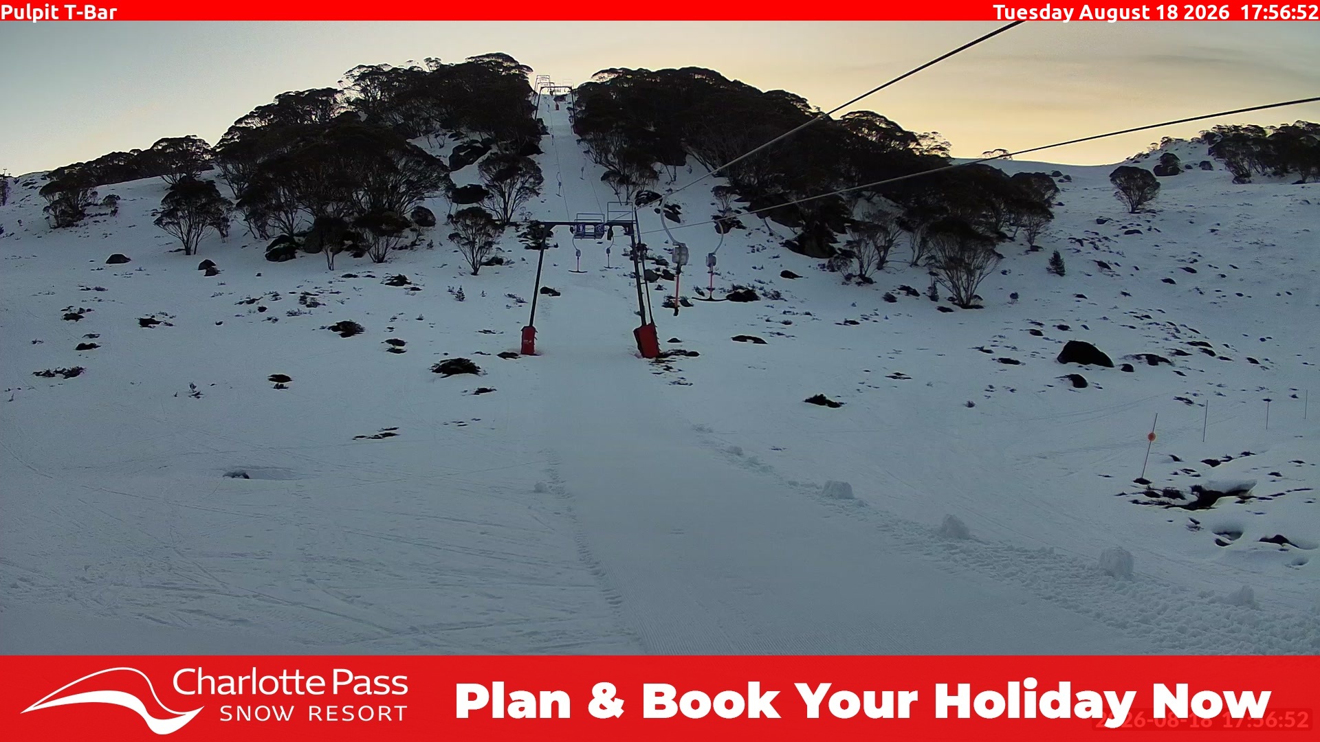 Charlotte Pass Pulpit T-Bar snow cam captured at 18 August 2026 at 5:57 pm AEST