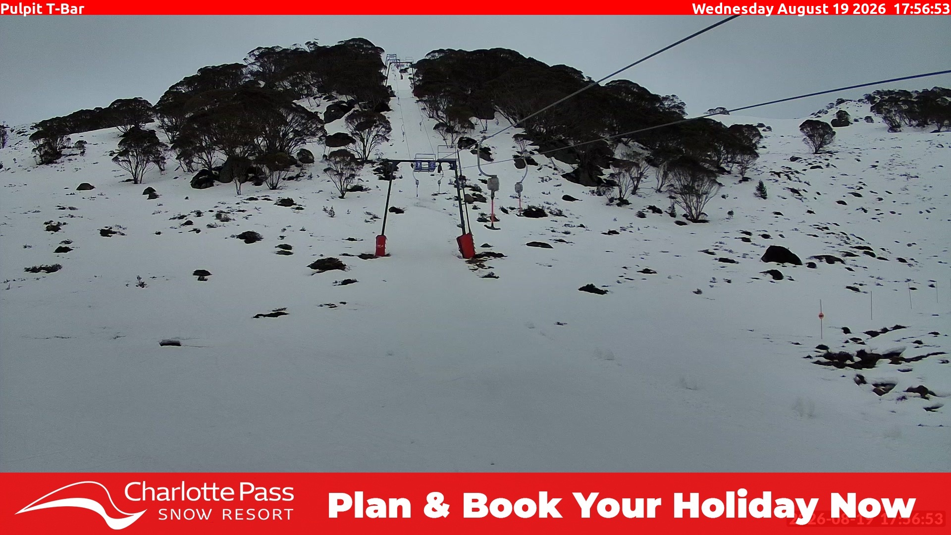 Charlotte Pass Pulpit T-Bar snow cam captured at 19 August 2026 at 6:01 pm AEST