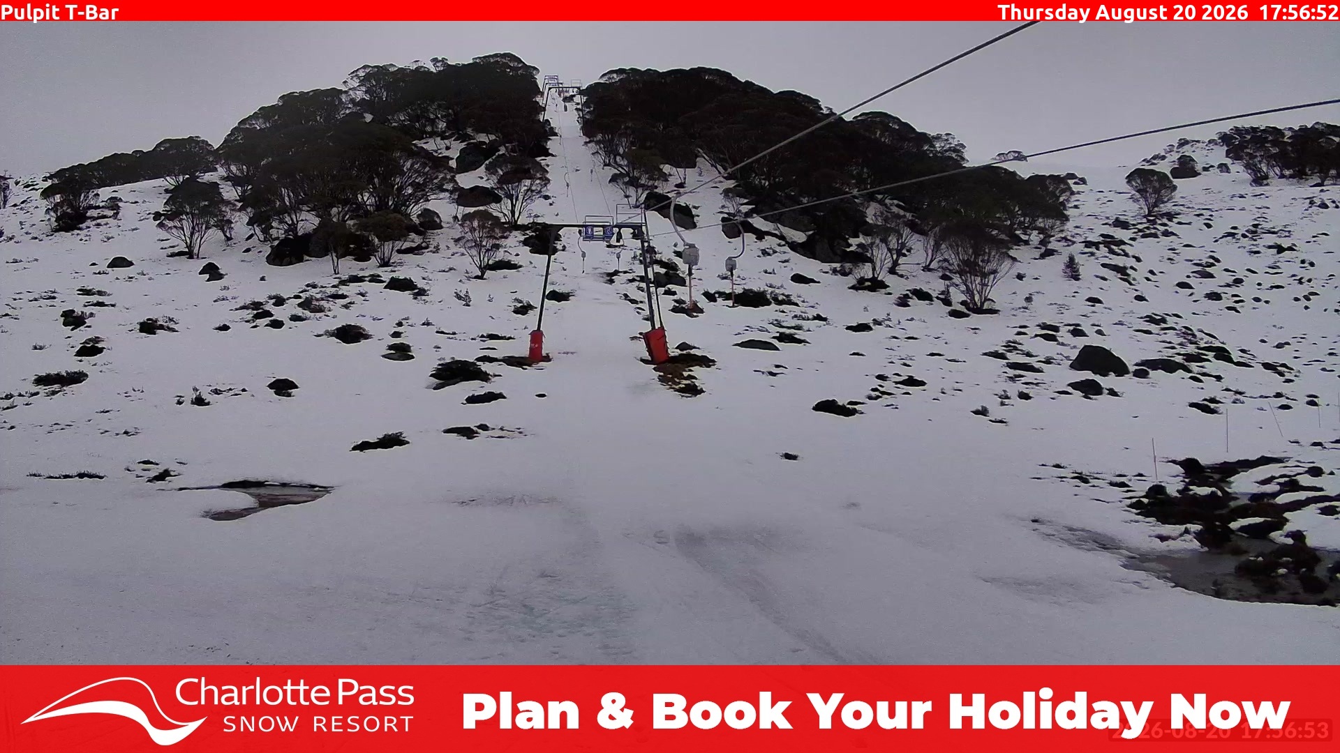 Charlotte Pass Pulpit T-Bar snow cam captured at 20 August 2026 at 6:02 pm AEST