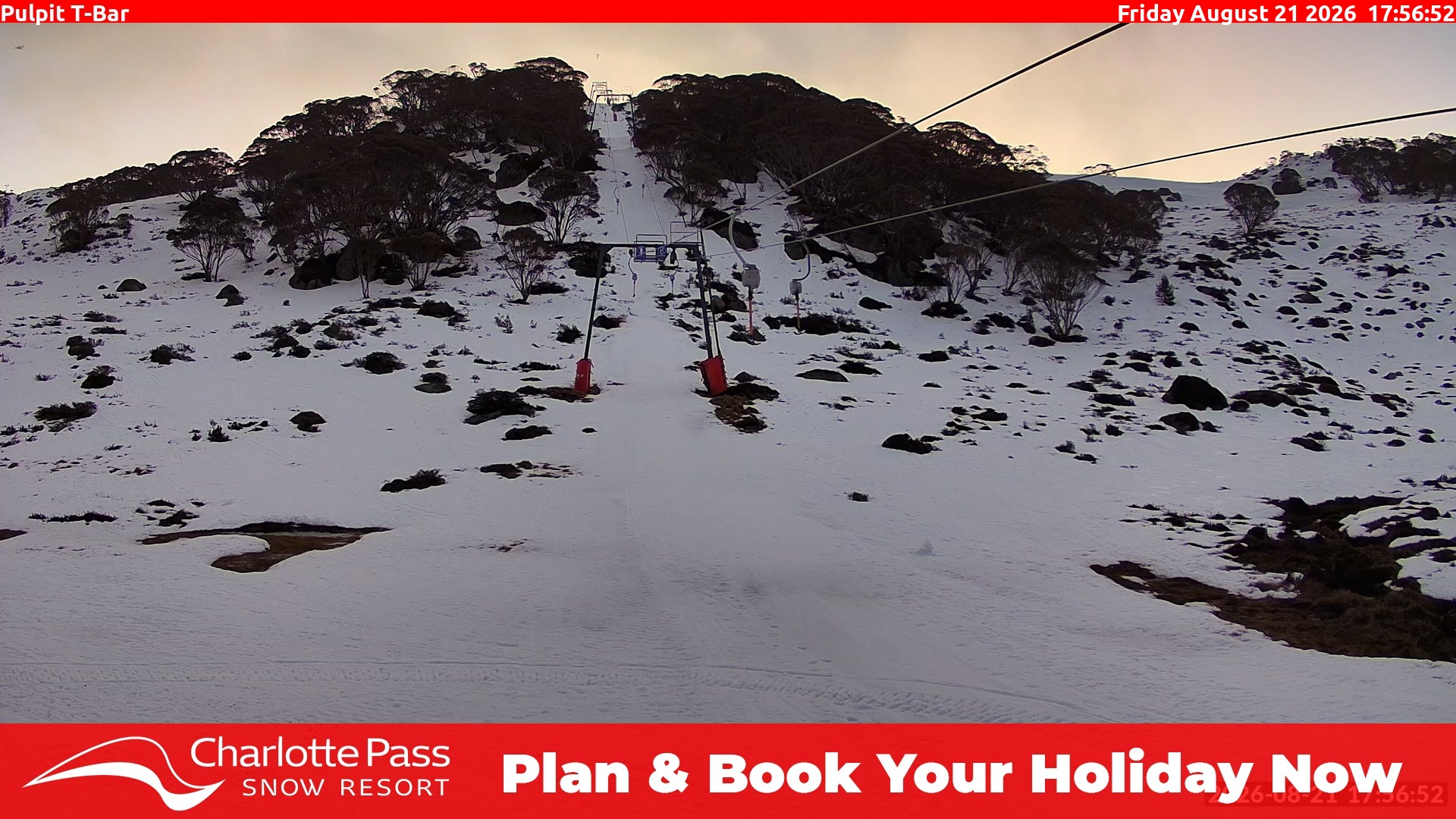 Charlotte Pass Pulpit T-Bar snow cam captured at 21 August 2026 at 6:03 pm AEST