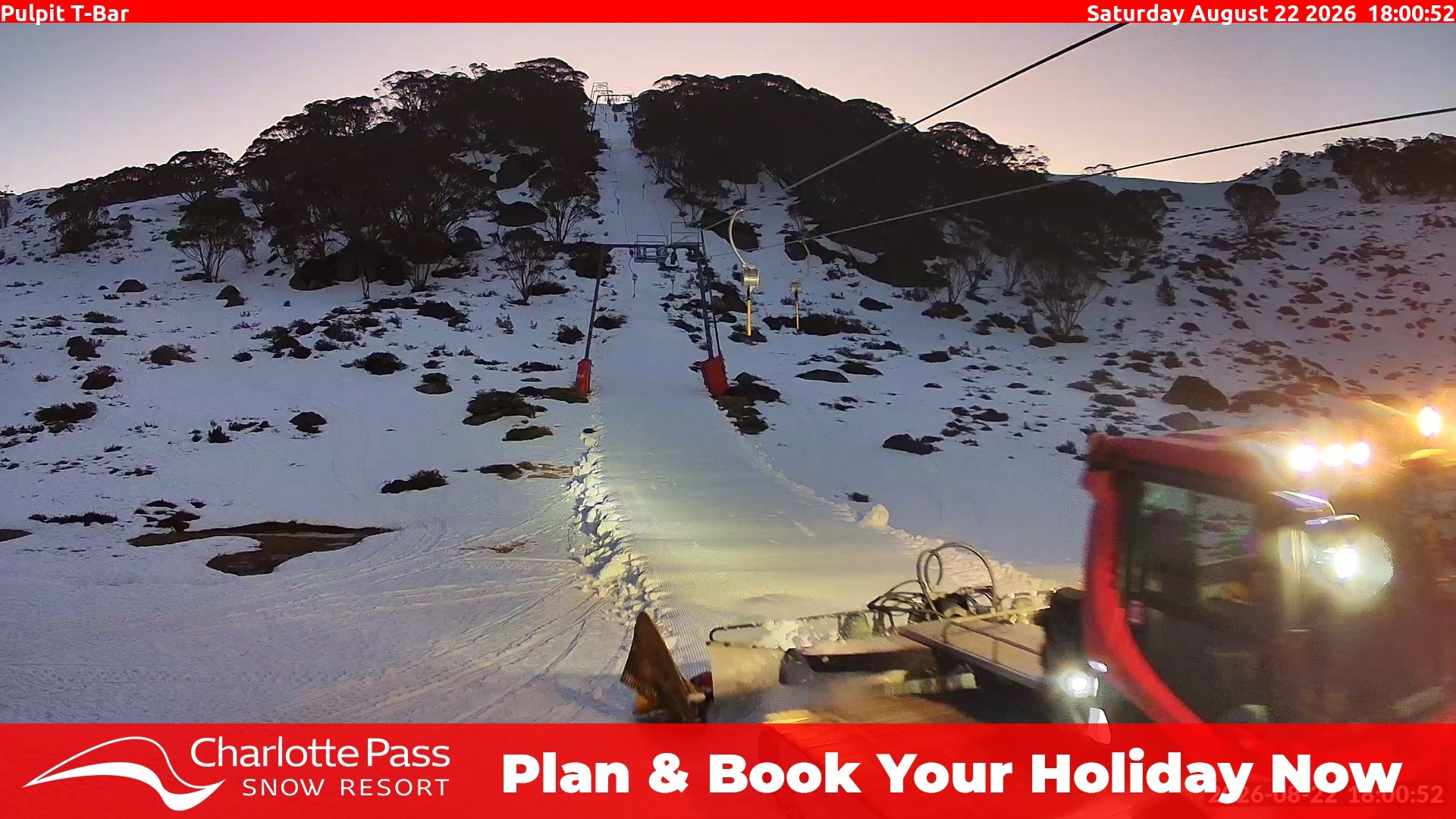 Charlotte Pass Pulpit T-Bar snow cam captured at 22 August 2026 at 6:04 pm AEST
