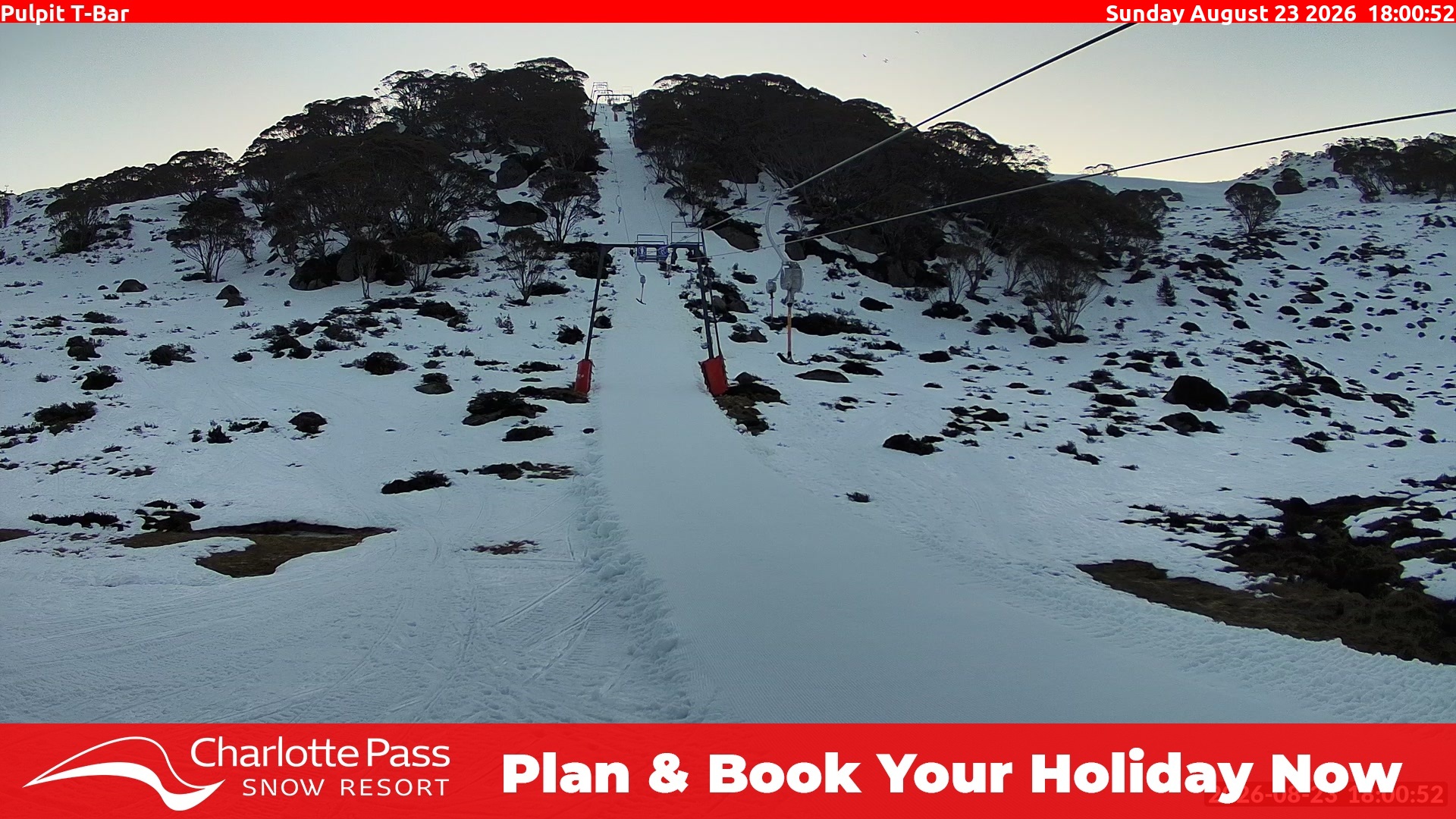 Charlotte Pass Pulpit T-Bar snow cam captured at 23 August 2026 at 6:05 pm AEST