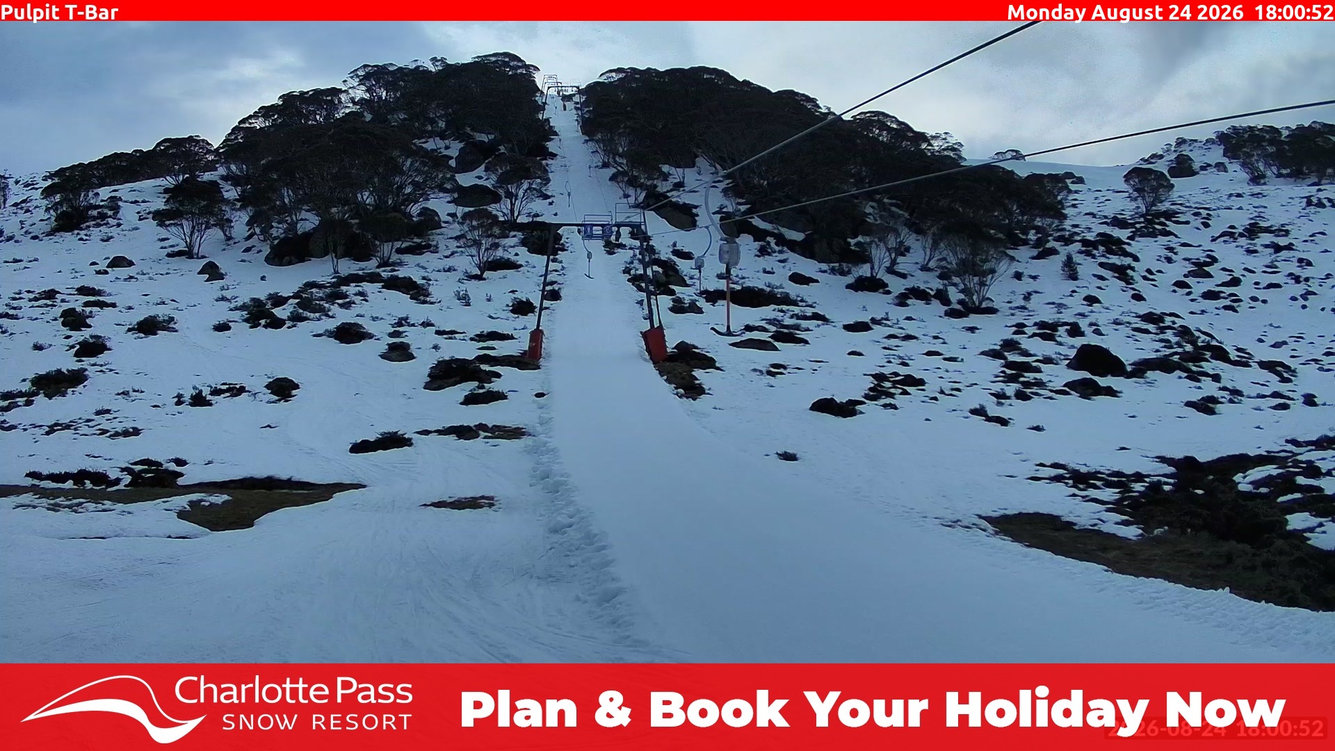 Charlotte Pass Pulpit T-Bar snow cam captured at 24 August 2026 at 6:06 pm AEST