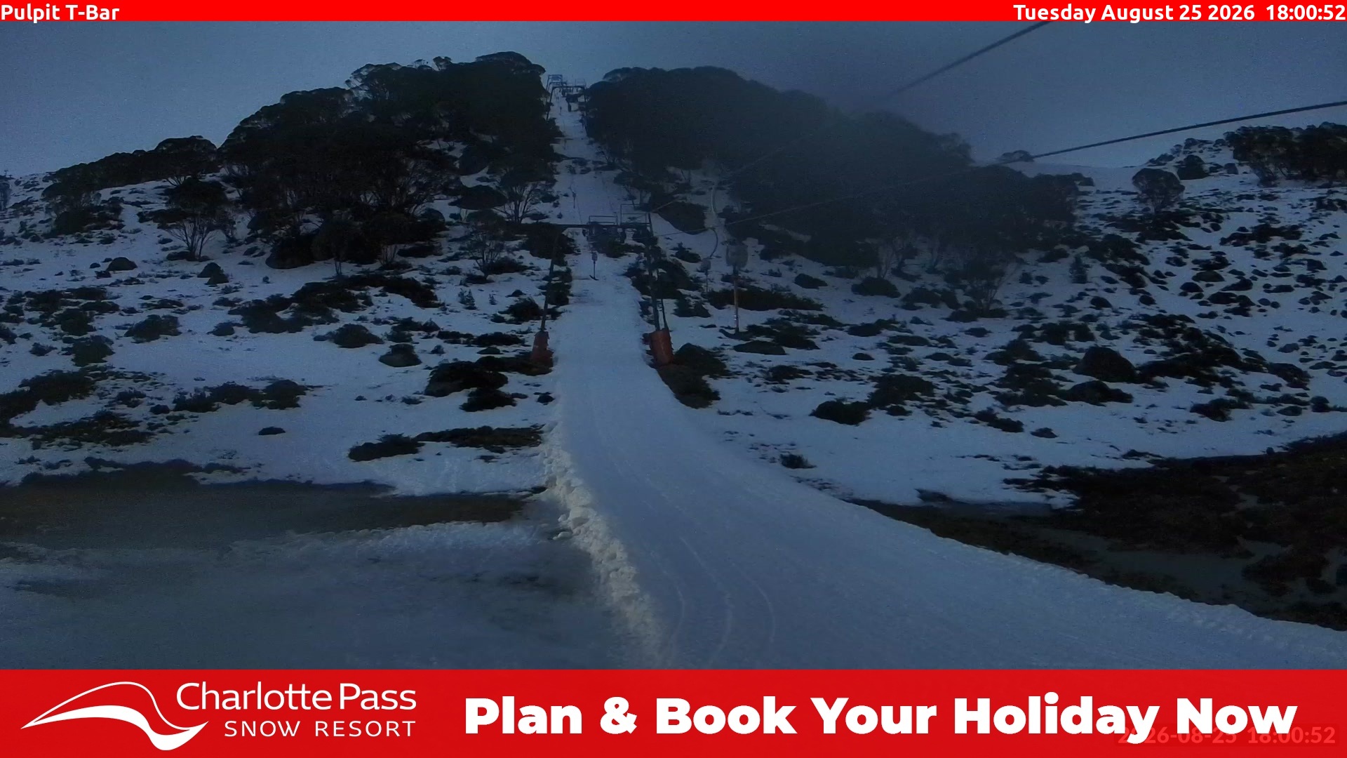 Charlotte Pass Pulpit T-Bar snow cam captured at 25 August 2026 at 6:07 pm AEST
