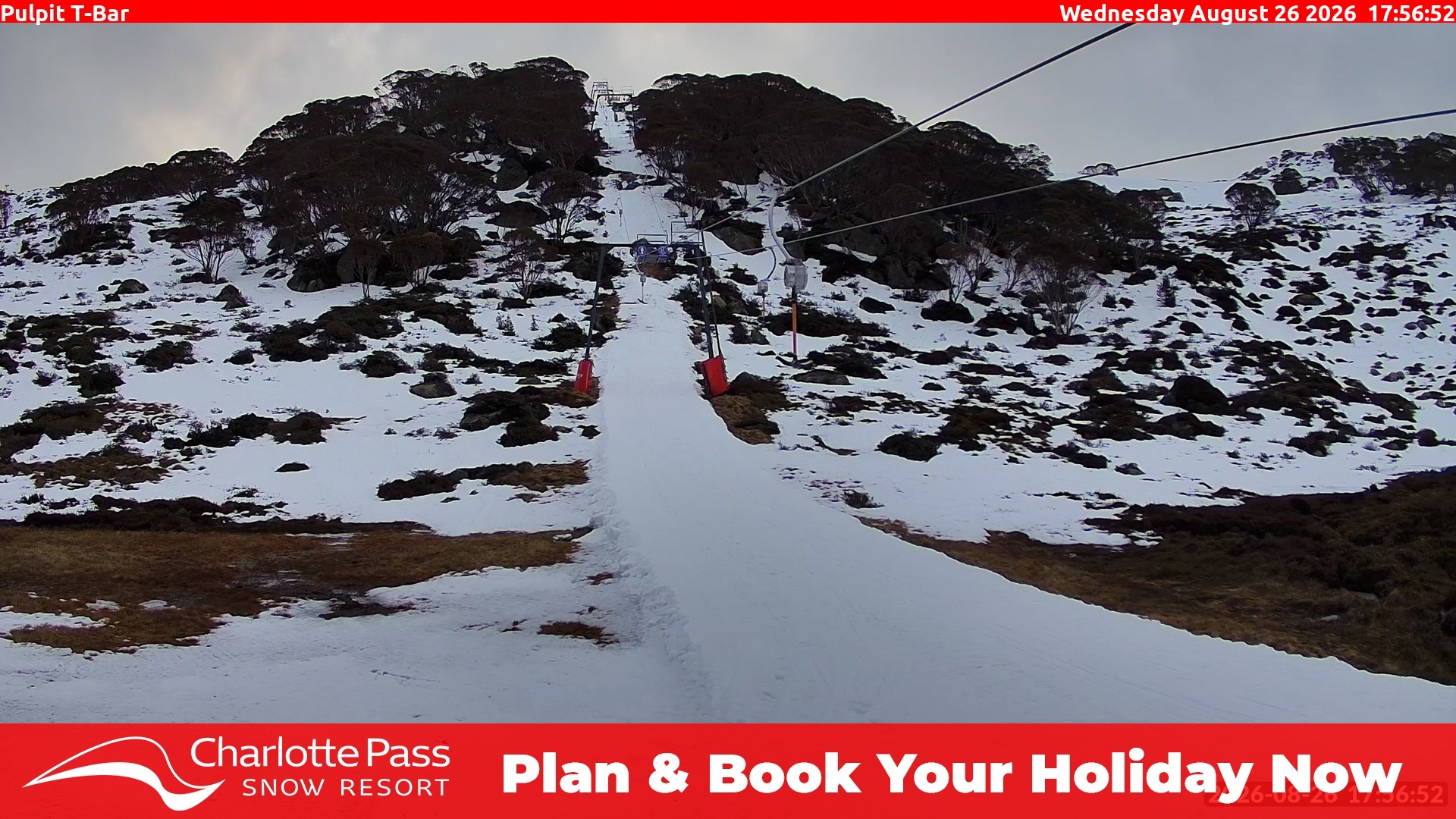 Charlotte Pass Pulpit T-Bar snow cam captured at 26 August 2026 at 5:57 pm AEST