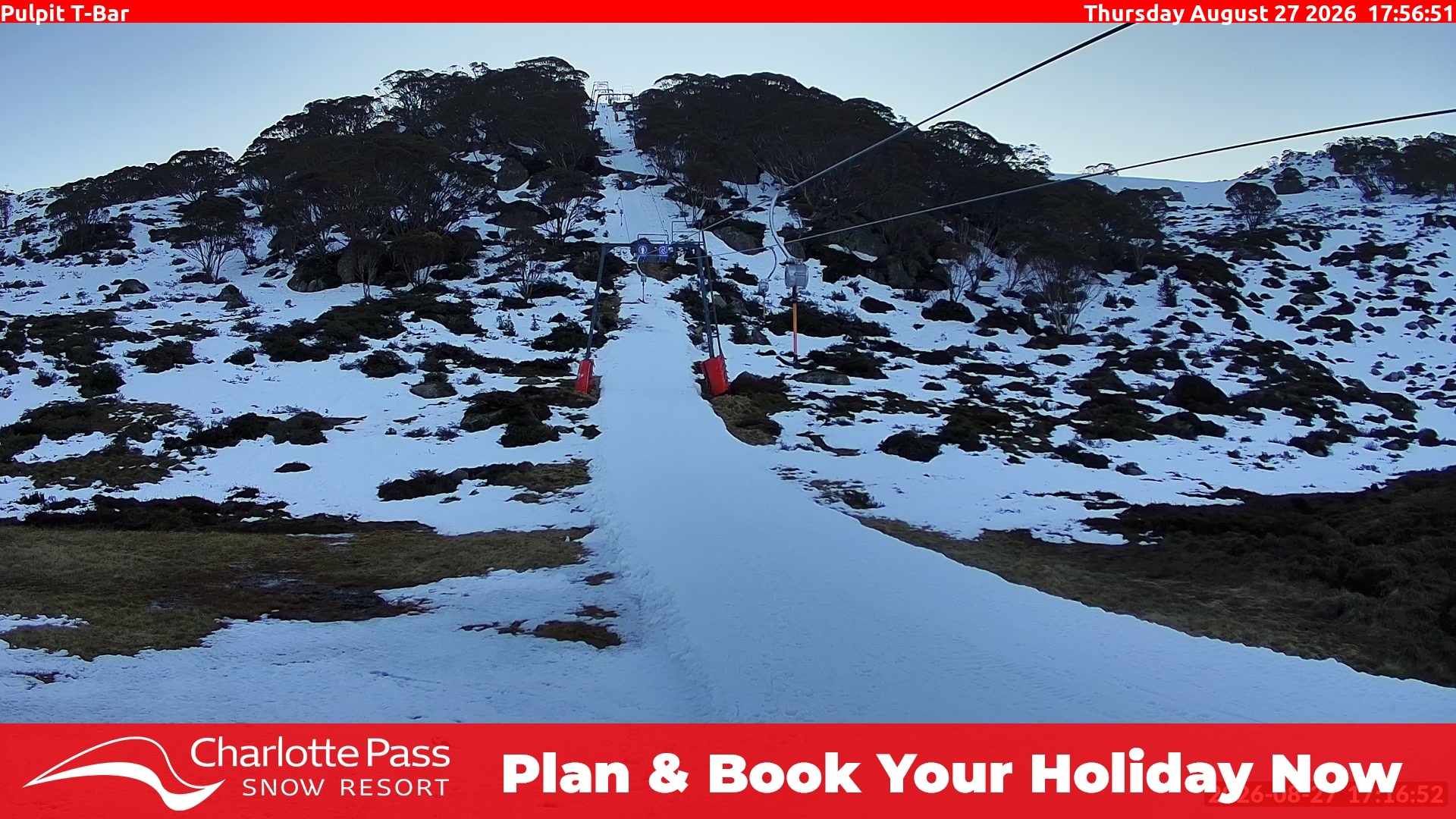 Charlotte Pass Pulpit T-Bar snow cam captured at 27 August 2026 at 5:58 pm AEST