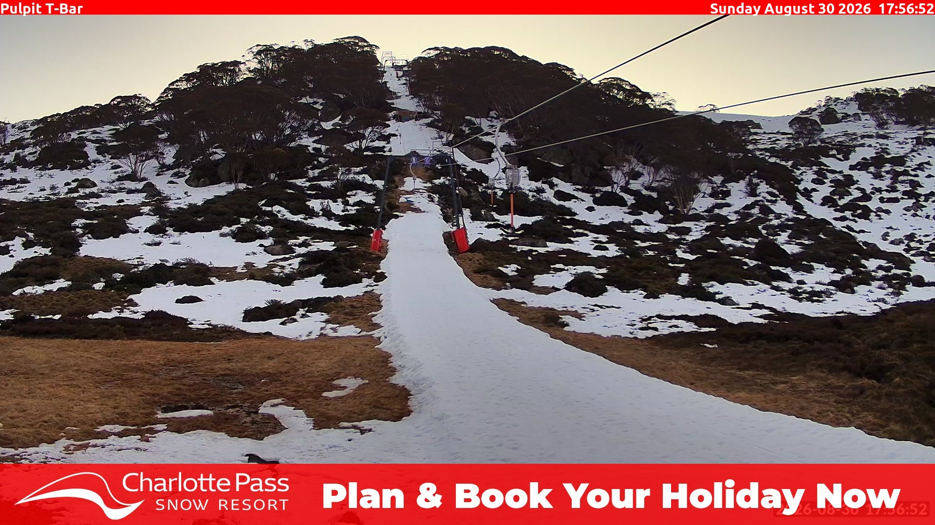 Charlotte Pass Pulpit T-Bar snow cam captured at 30 August 2026 at 6:01 pm AEST