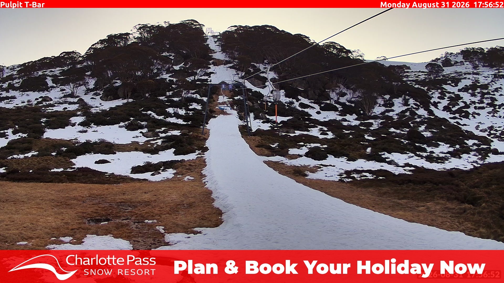 Charlotte Pass Pulpit T-Bar snow cam captured at 31 August 2026 at 6:02 pm AEST