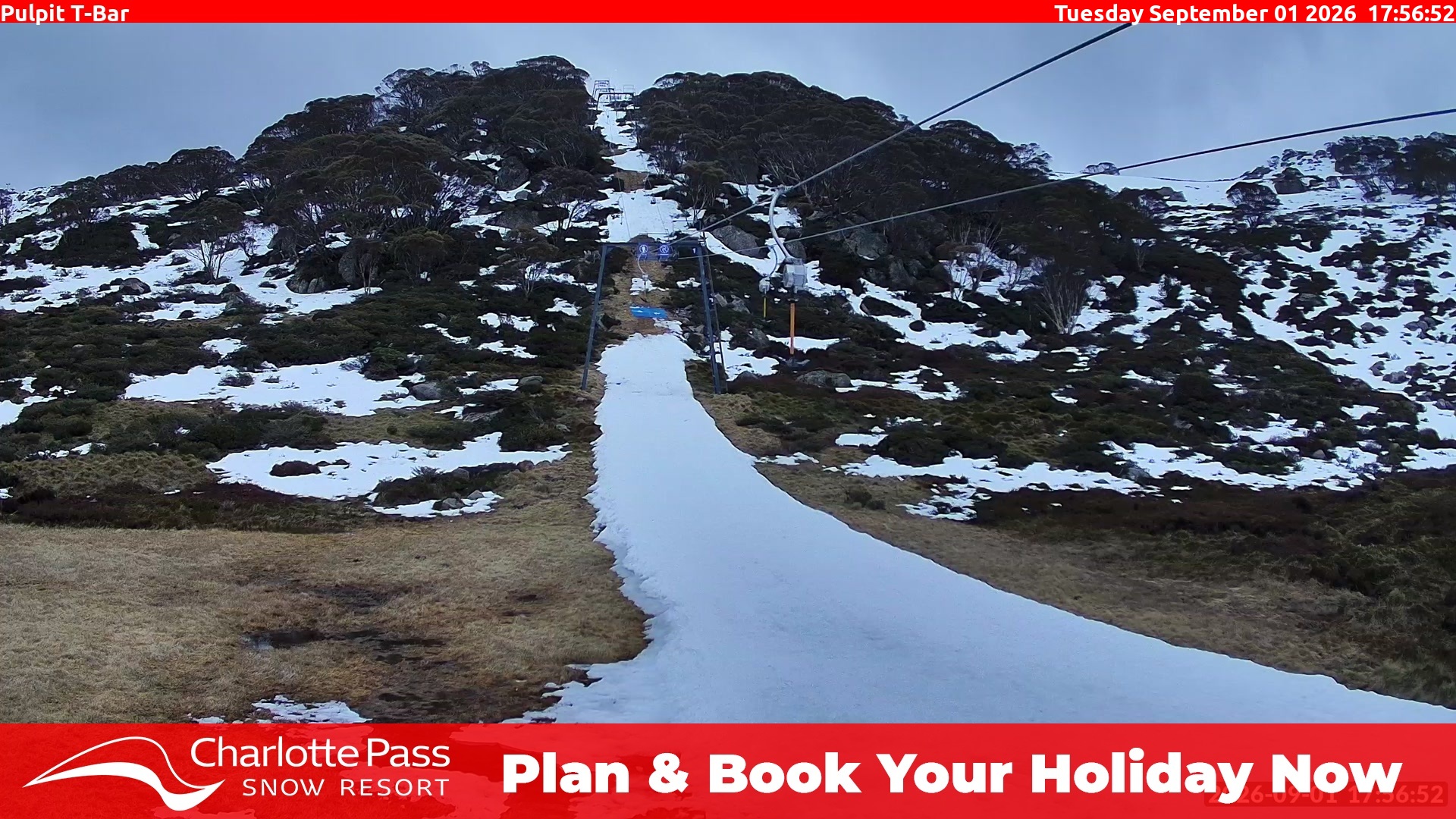 Charlotte Pass Pulpit T-Bar snow cam captured at 1 September 2026 at 6:03 pm AEST