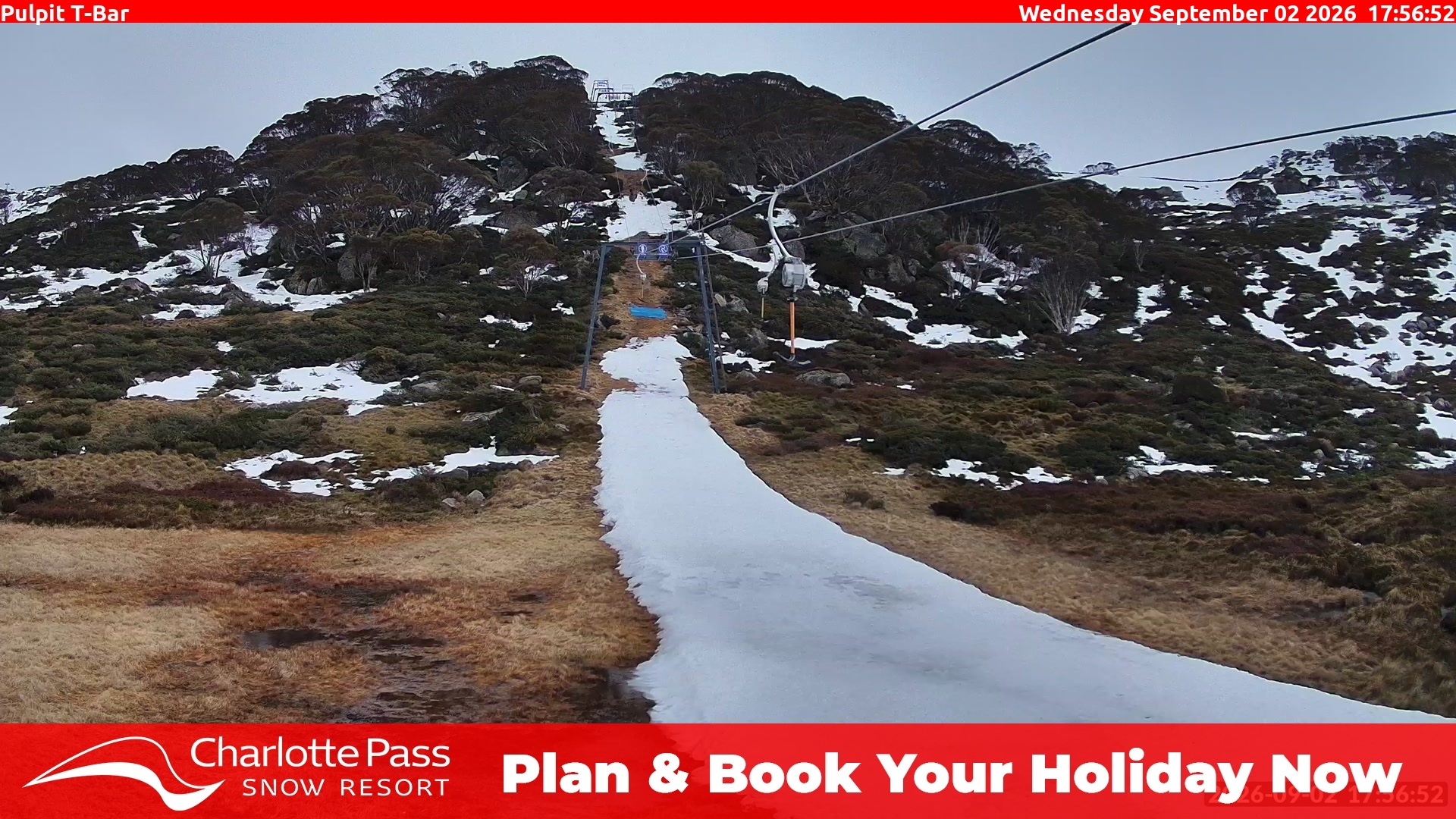 Charlotte Pass Pulpit T-Bar snow cam captured at 2 September 2026 at 5:59 pm AEST