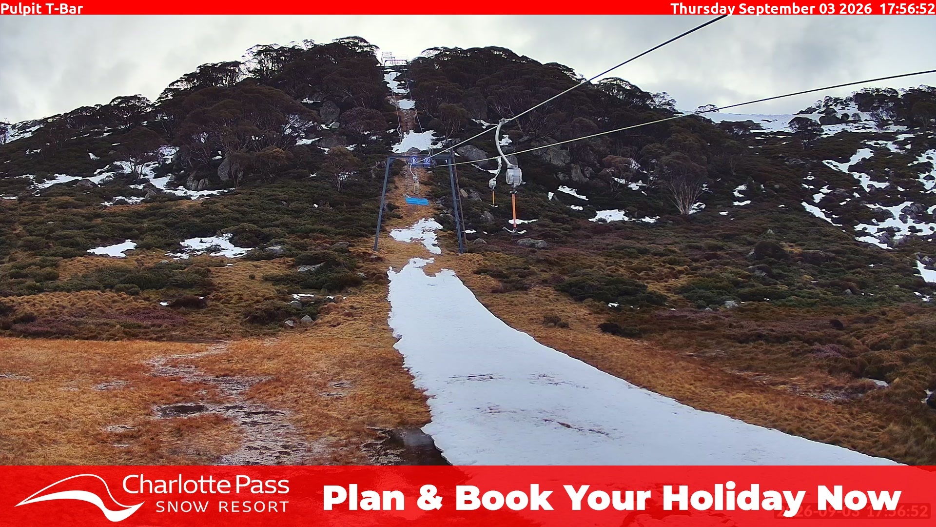 Charlotte Pass Pulpit T-Bar snow cam captured at 3 September 2026 at 6:04 pm AEST