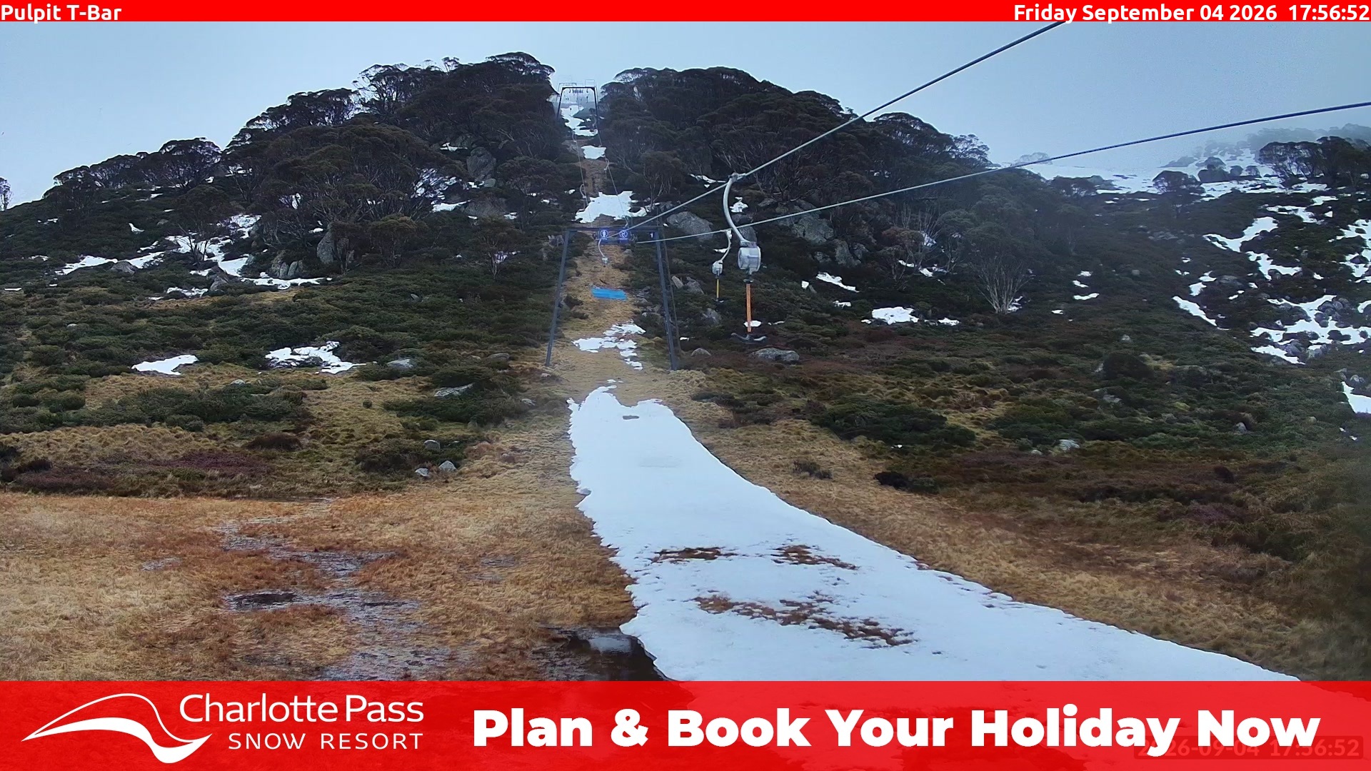Charlotte Pass Pulpit T-Bar snow cam captured at 4 September 2026 at 6:05 pm AEST