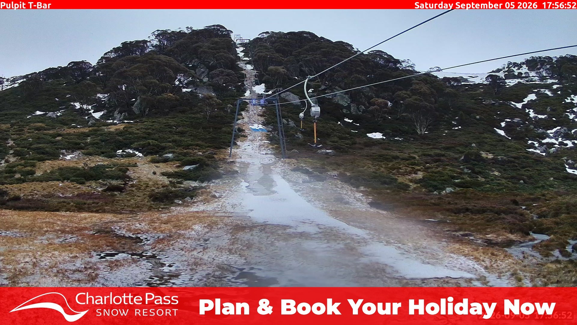 Charlotte Pass Pulpit T-Bar snow cam captured at 5 September 2026 at 5:57 pm AEST