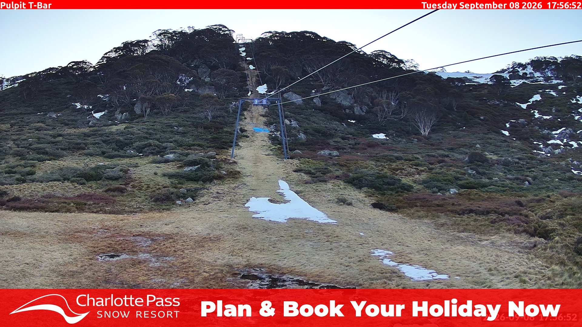 Charlotte Pass Pulpit T-Bar snow cam captured at 8 September 2026 at 6:01 pm AEST