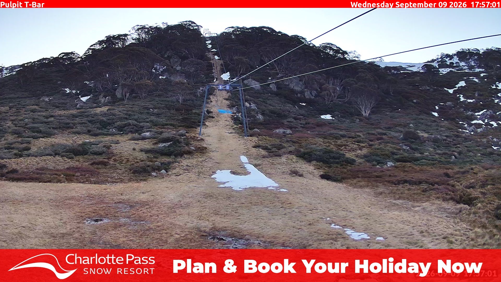 Charlotte Pass Pulpit T-Bar snow cam captured at 9 September 2026 at 6:03 pm AEST