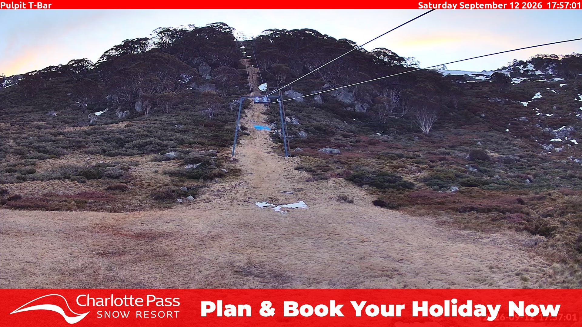 Charlotte Pass Pulpit T-Bar snow cam captured at 12 September 2026 at 5:58 pm AEST