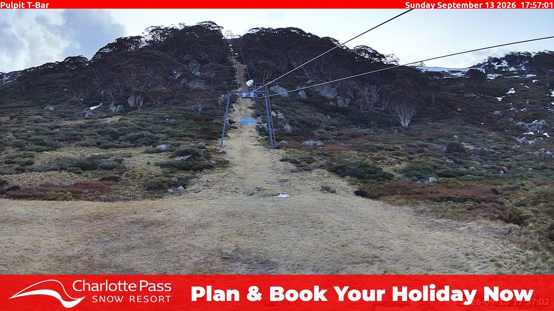 Charlotte Pass Pulpit T-Bar snow cam captured at 13 September 2026 at 5:58 pm AEST