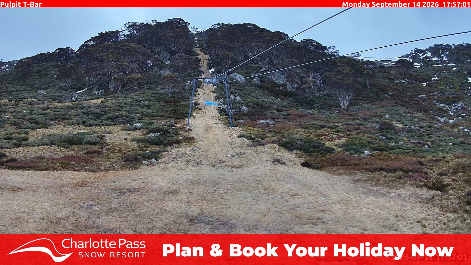 Charlotte Pass Pulpit T-Bar snow cam captured at 14 September 2026 at 6:04 pm AEST
