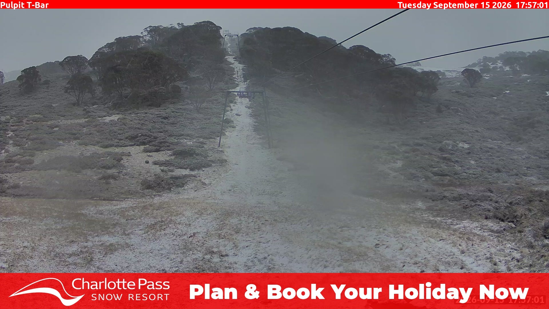 Charlotte Pass Pulpit T-Bar snow cam captured at 15 September 2026 at 6:00 pm AEST