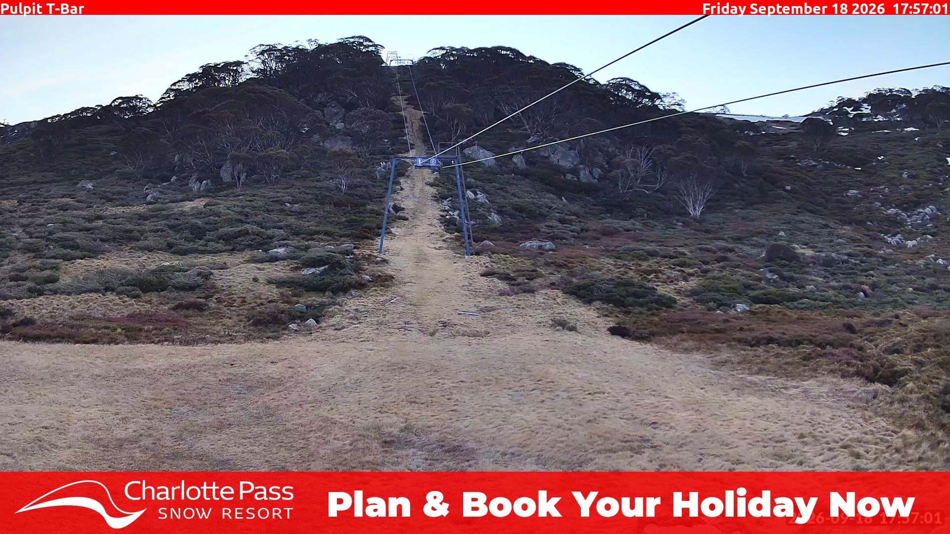 Charlotte Pass Pulpit T-Bar snow cam captured at 18 September 2026 at 6:01 pm AEST