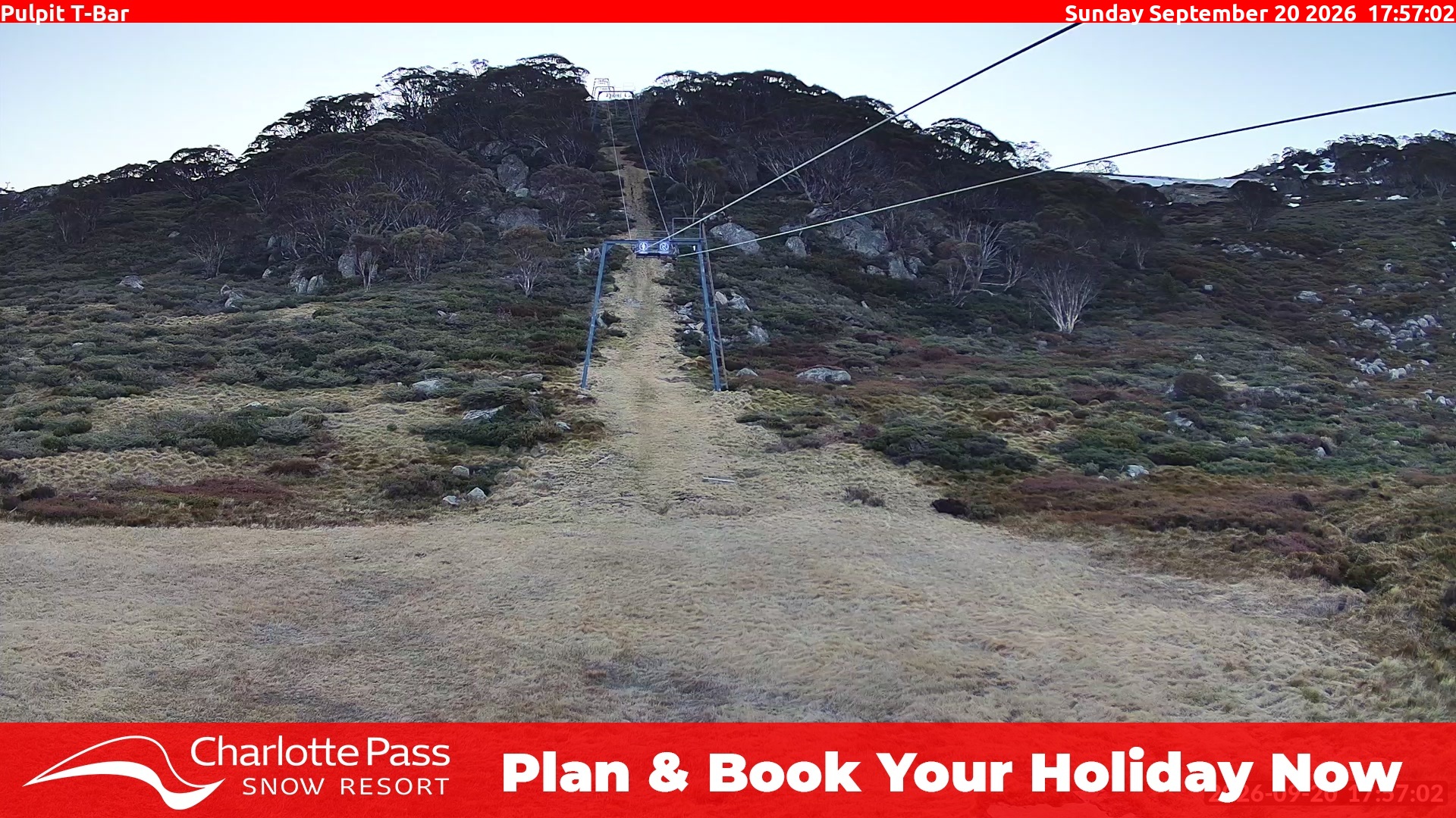 Charlotte Pass Pulpit T-Bar snow cam captured at 20 September 2026 at 6:02 pm AEST