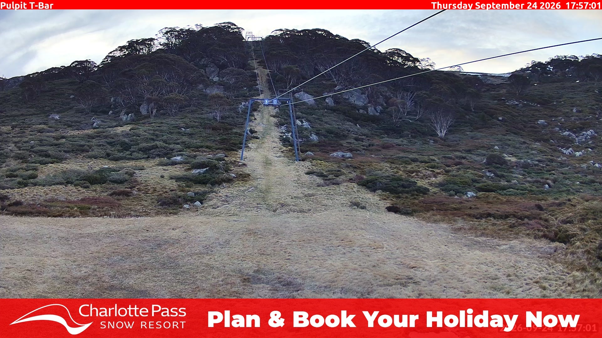 Charlotte Pass Pulpit T-Bar snow cam captured at 24 September 2026 at 5:57 pm AEST