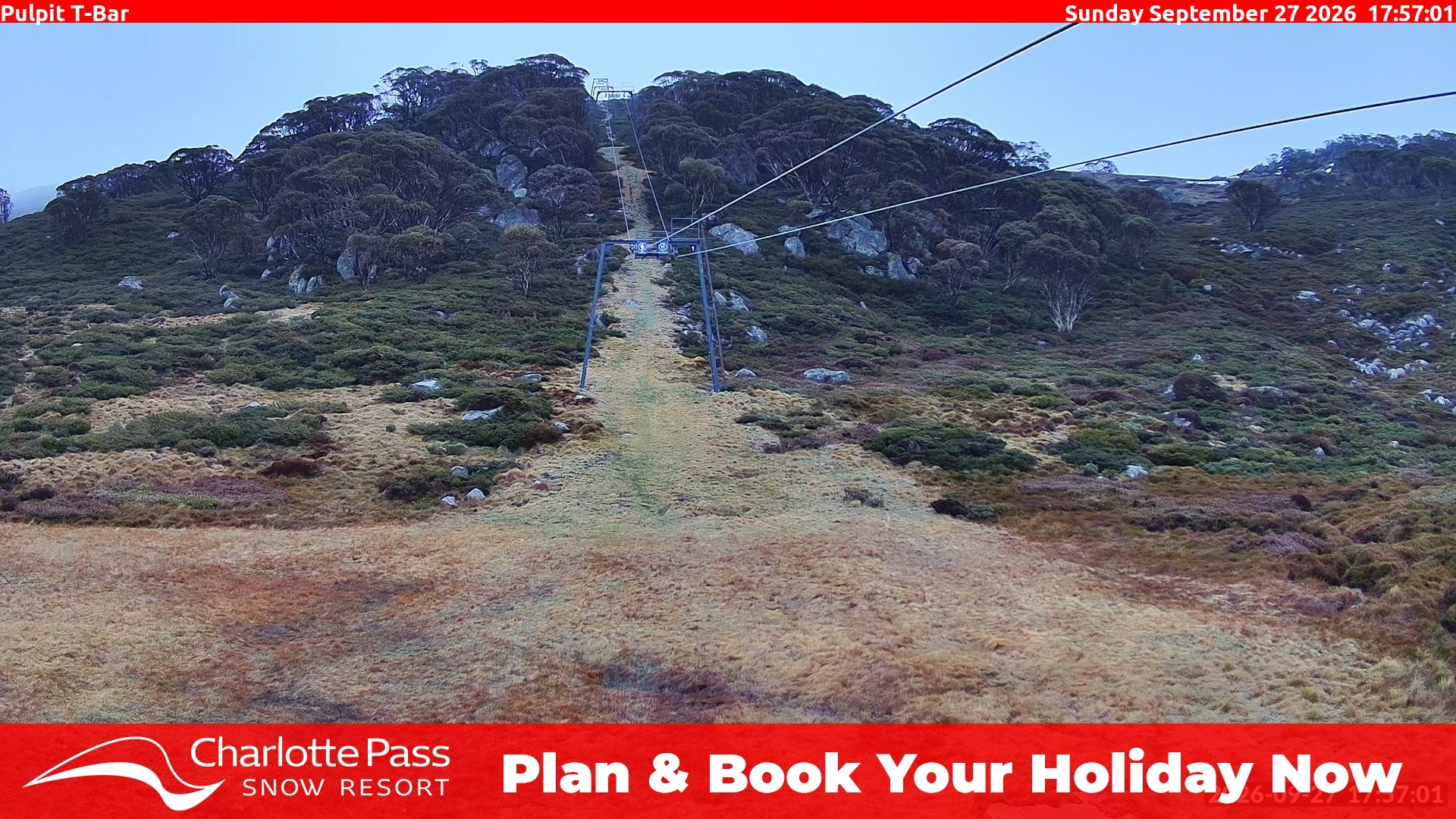 Charlotte Pass Pulpit T-Bar snow cam captured at 27 September 2026 at 6:18 pm AEST