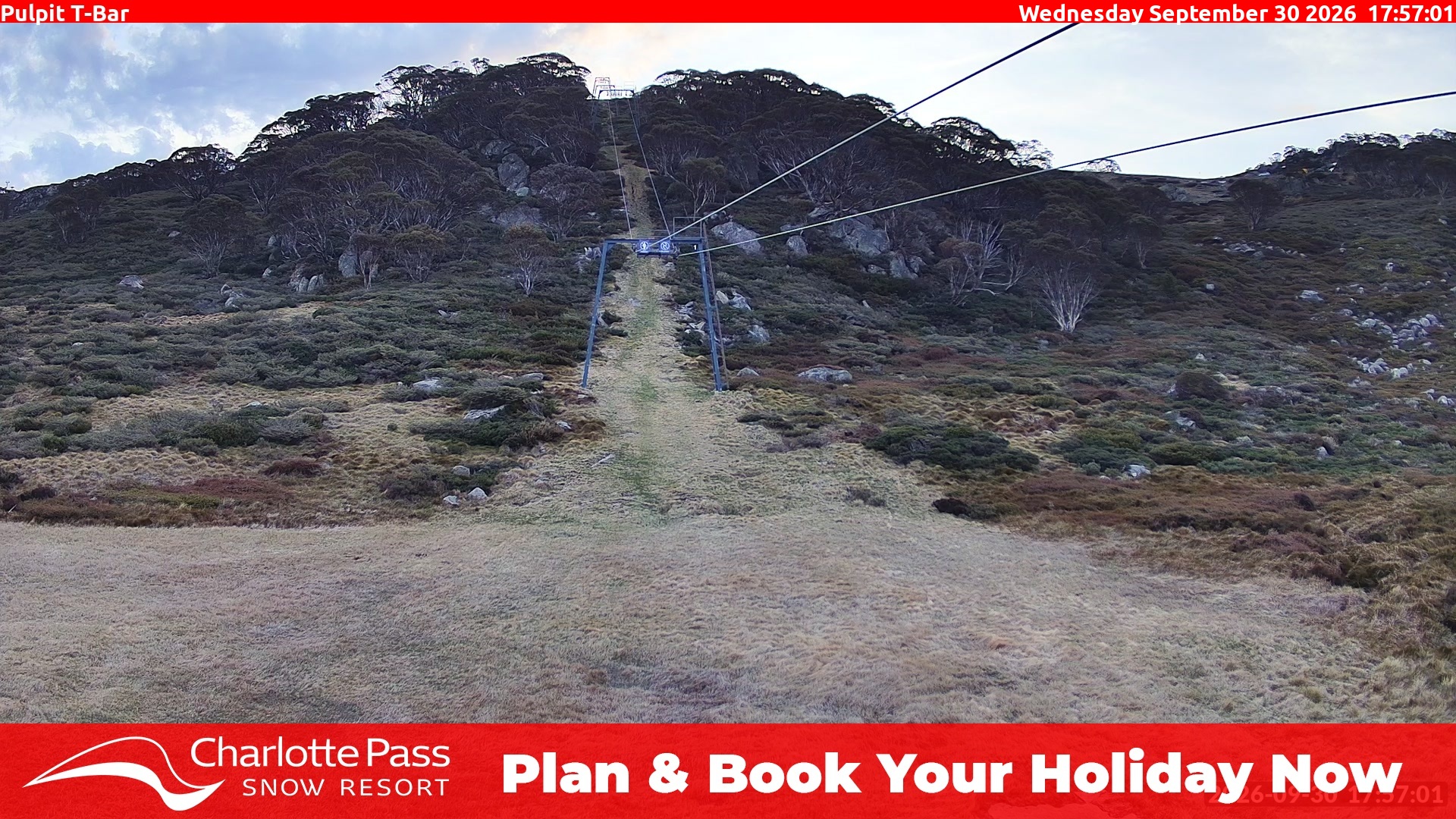 Charlotte Pass Pulpit T-Bar snow cam captured at 30 September 2026 at 6:01 pm AEST