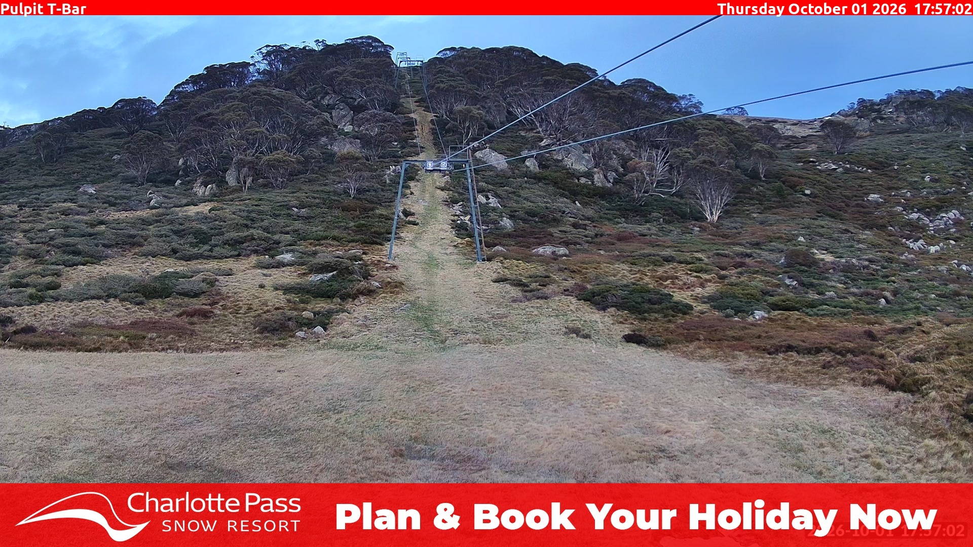 Charlotte Pass Pulpit T-Bar snow cam captured at 1 October 2026 at 6:10 pm AEST