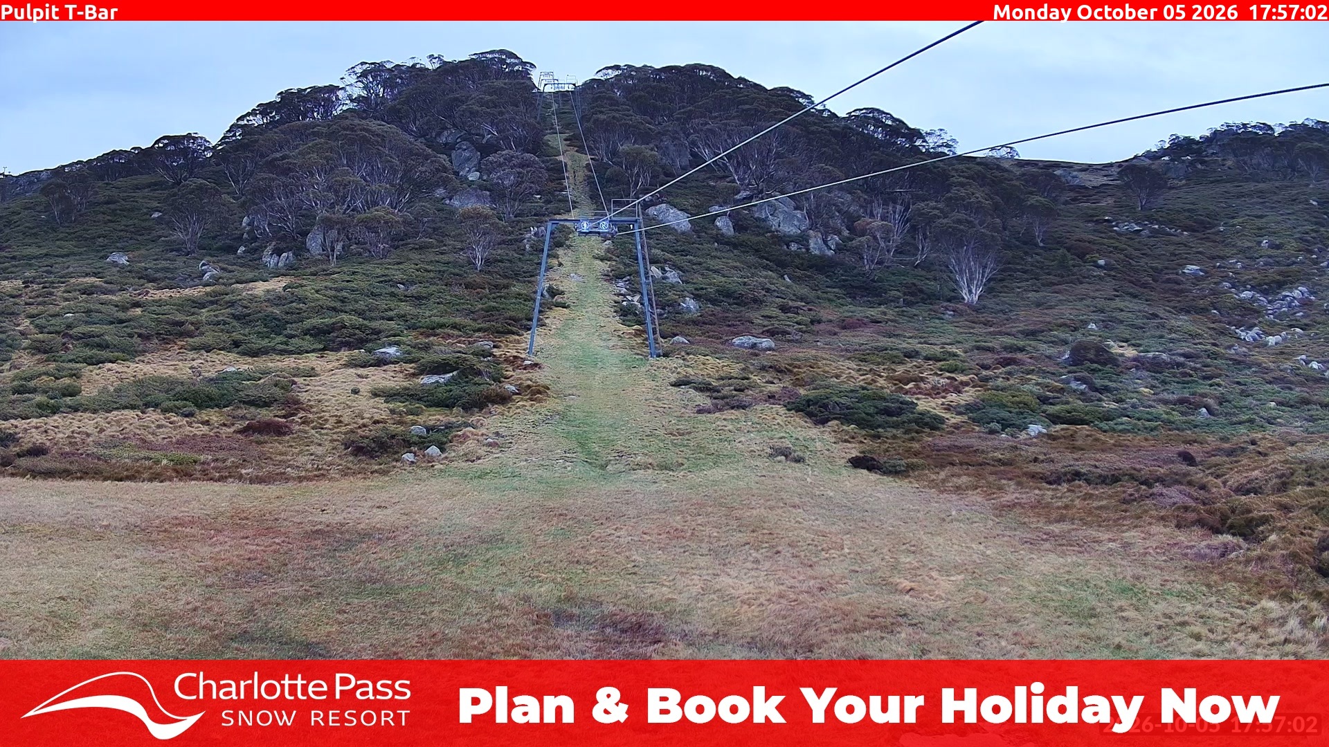 Charlotte Pass Pulpit T-Bar snow cam captured at 5 October 2026 at 5:58 pm AEDT