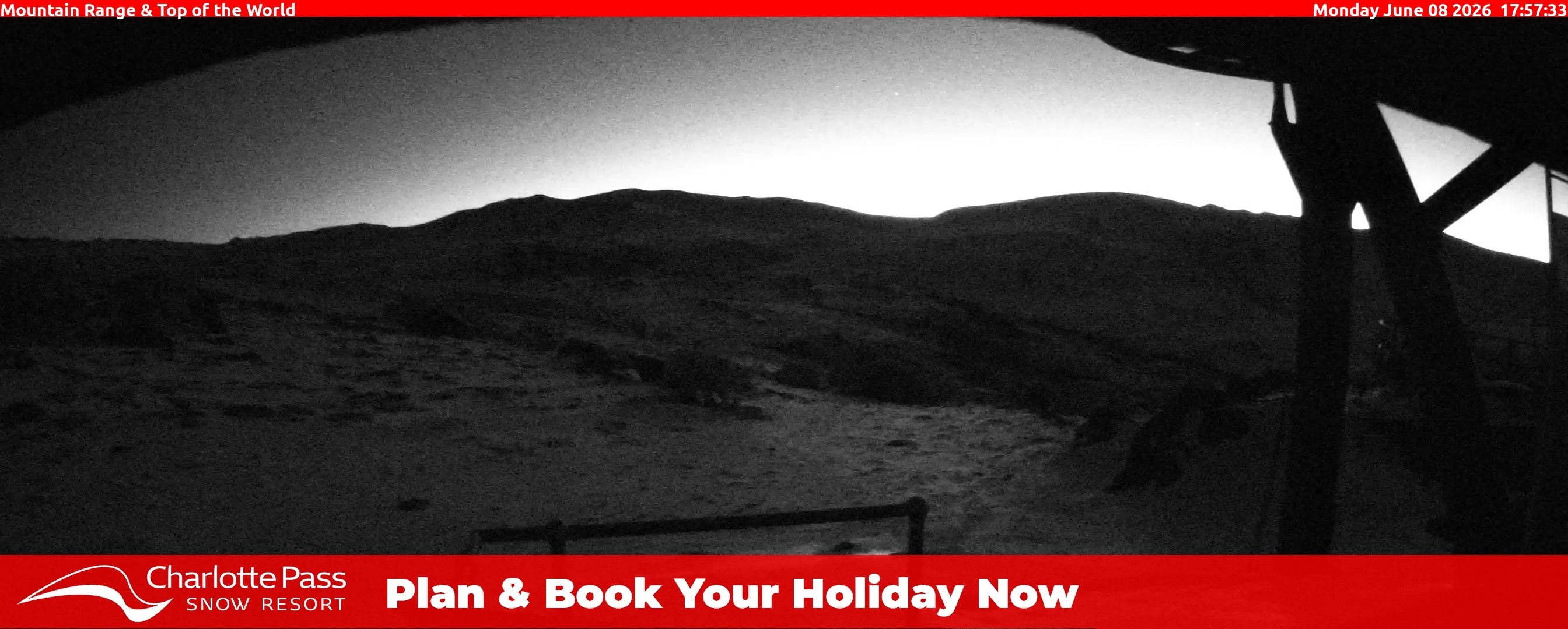 Charlotte Pass Mountain Range and Top of the World snow cam captured at 8 June 2026 at 6:22 pm AEST