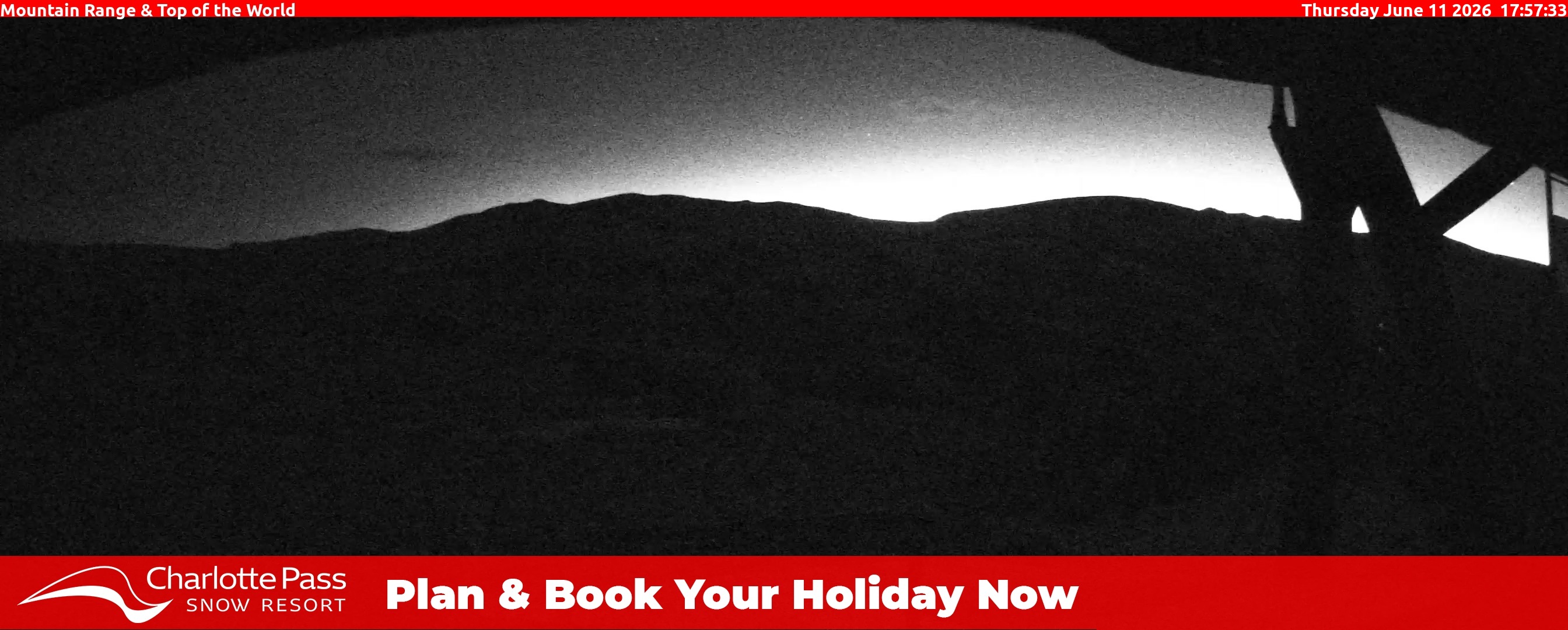 Charlotte Pass Mountain Range and Top of the World snow cam captured at 11 June 2026 at 5:58 pm AEST