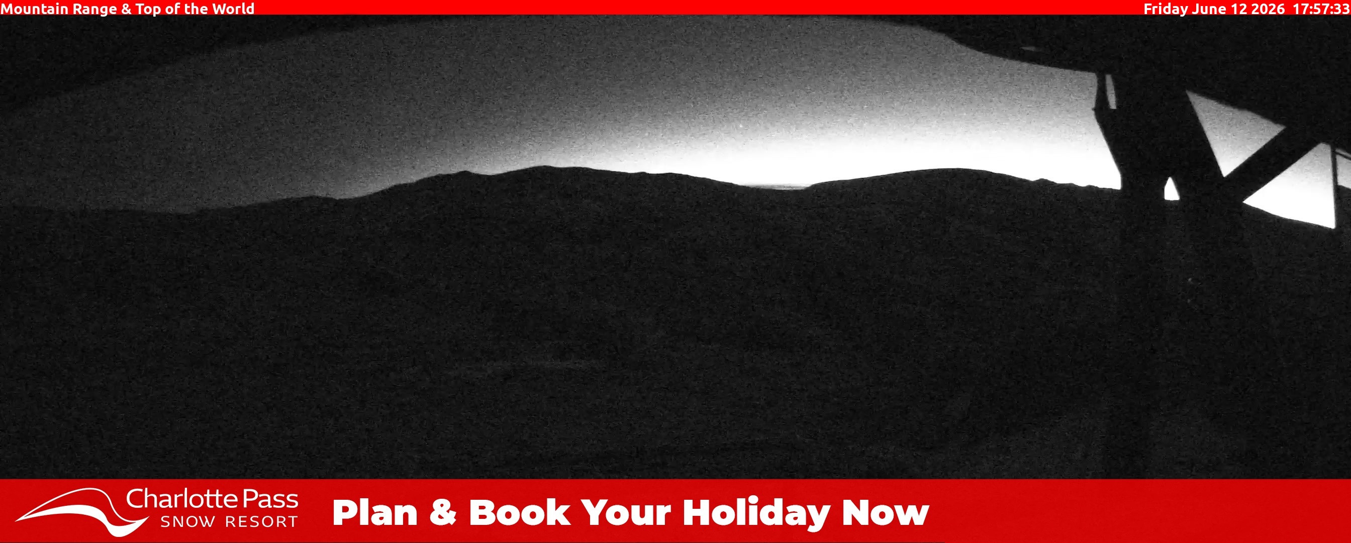Charlotte Pass Mountain Range and Top of the World snow cam captured at 12 June 2026 at 5:58 pm AEST
