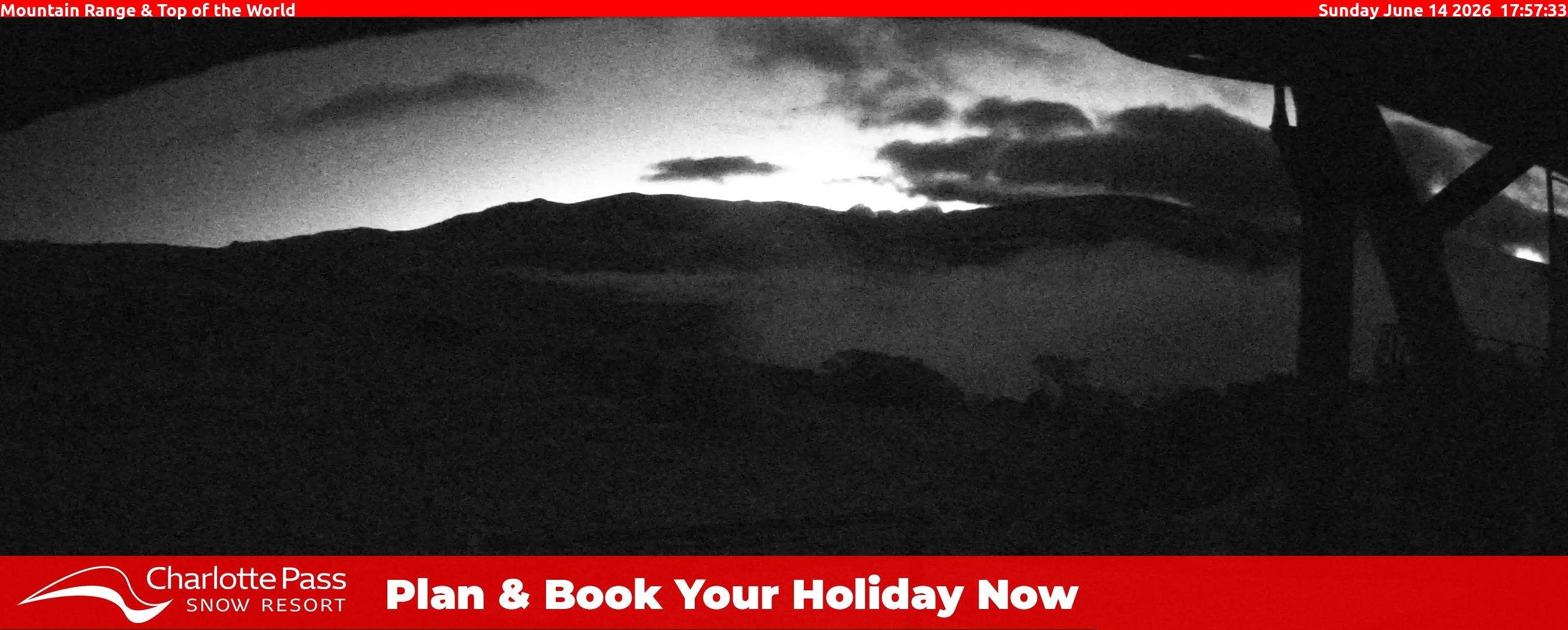 Charlotte Pass Mountain Range and Top of the World snow cam captured at 14 June 2026 at 5:59 pm AEST