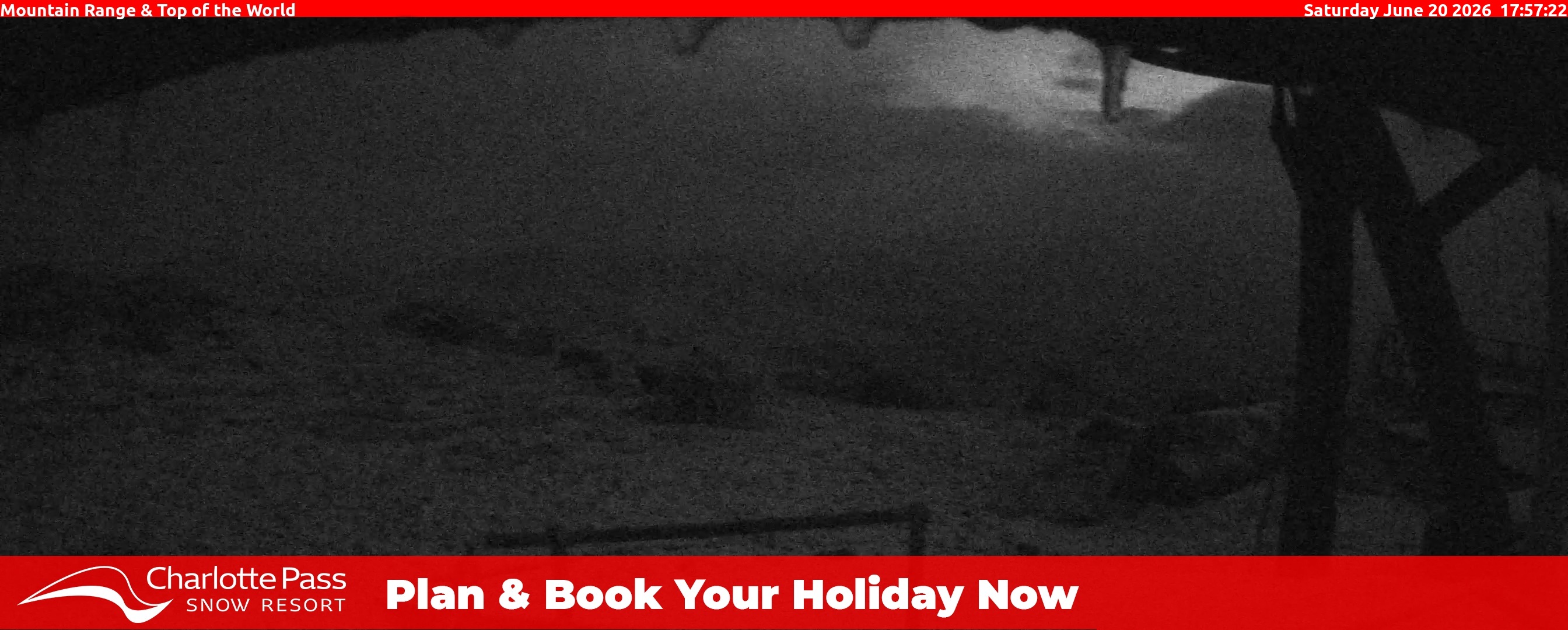 Charlotte Pass Mountain Range and Top of the World snow cam captured at 20 June 2026 at 6:00 pm AEST