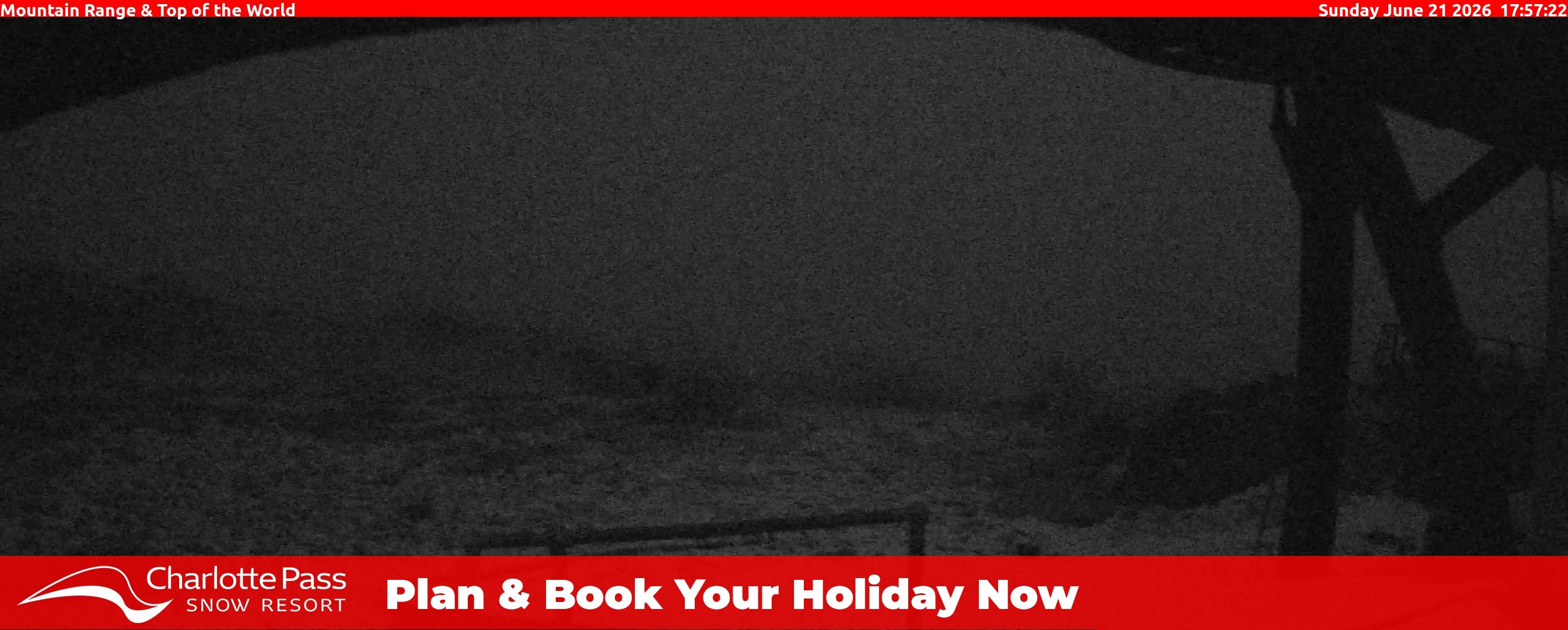 Charlotte Pass Mountain Range and Top of the World snow cam captured at 21 June 2026 at 6:02 pm AEST