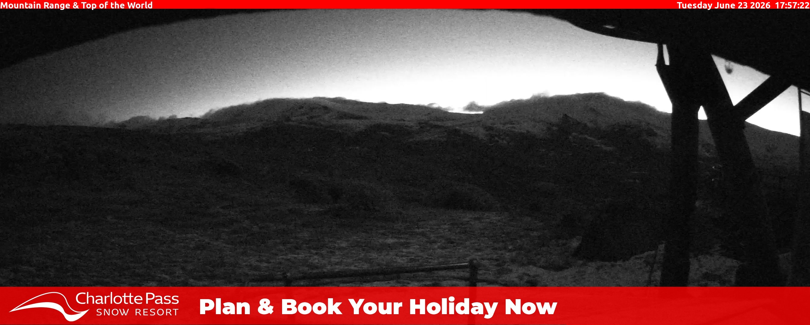 Charlotte Pass Mountain Range and Top of the World snow cam captured at 23 June 2026 at 5:58 pm AEST